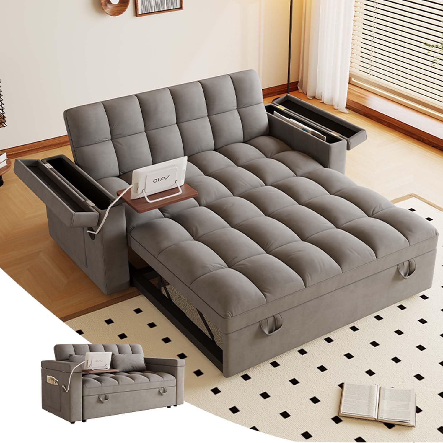 65" Foldable Loveseat Sofa, Modern Velvet Pull Out Couch with Table Board and UAB, Convertible Love Seat Sofa Bed with Adjustable Back and Pillow for Living Room, RV, Small Spaces (Dark Gray, 2 Seat)