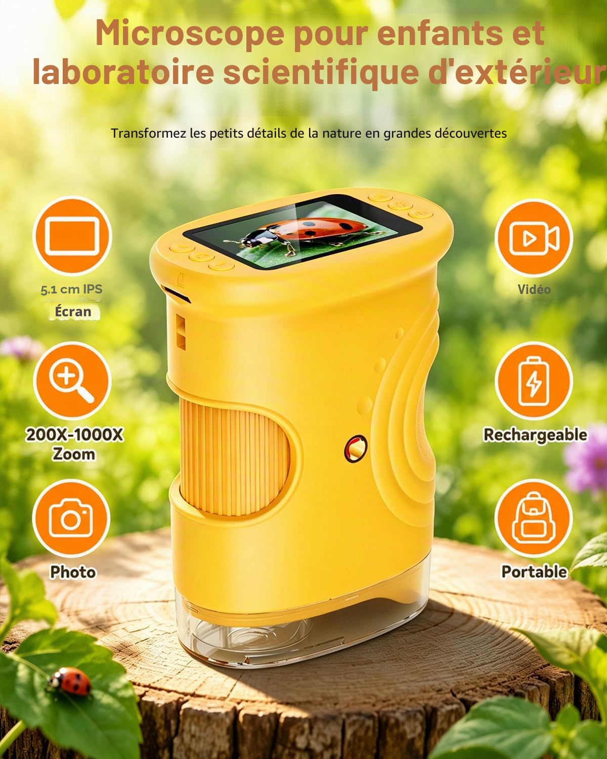 Microscope Numérique Portable pour Enfants avec Écran IPS 2.0 Pouces, Rechargeable, Stockage de Photos Intégré, 200X Mini Scope de Poche Cadeaux Éducatifs pour 4-12 Ans - Orange