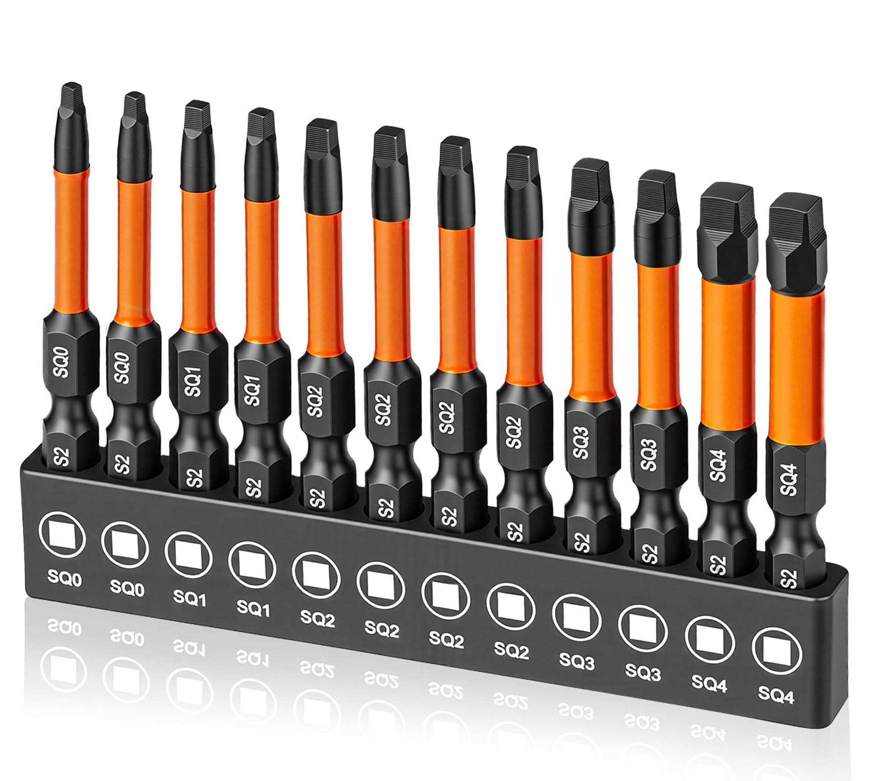 Saipor 12 Pieces Square Drive Bits, 2 inch /50 mm Long Robertson Square Drill Bit Set, 1/4 Inch Hex Shank Magnetic Square Head Screwdriver Bit Set for Impact Driver,S2 Steel, Size #0, 1, 2, 3, and #4