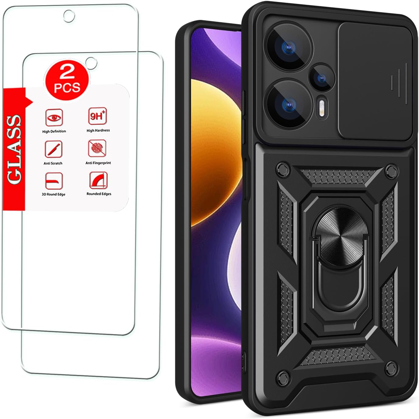 For Xiaomi Poco F5 5G Case with [2 Pack] Tempered Glass Screen Protector, For Xiaomi Poco F5 [Military-Grade] Protective Armor，with Lens Protects Magnetic Kickstand Car Mount Holder Phone Case