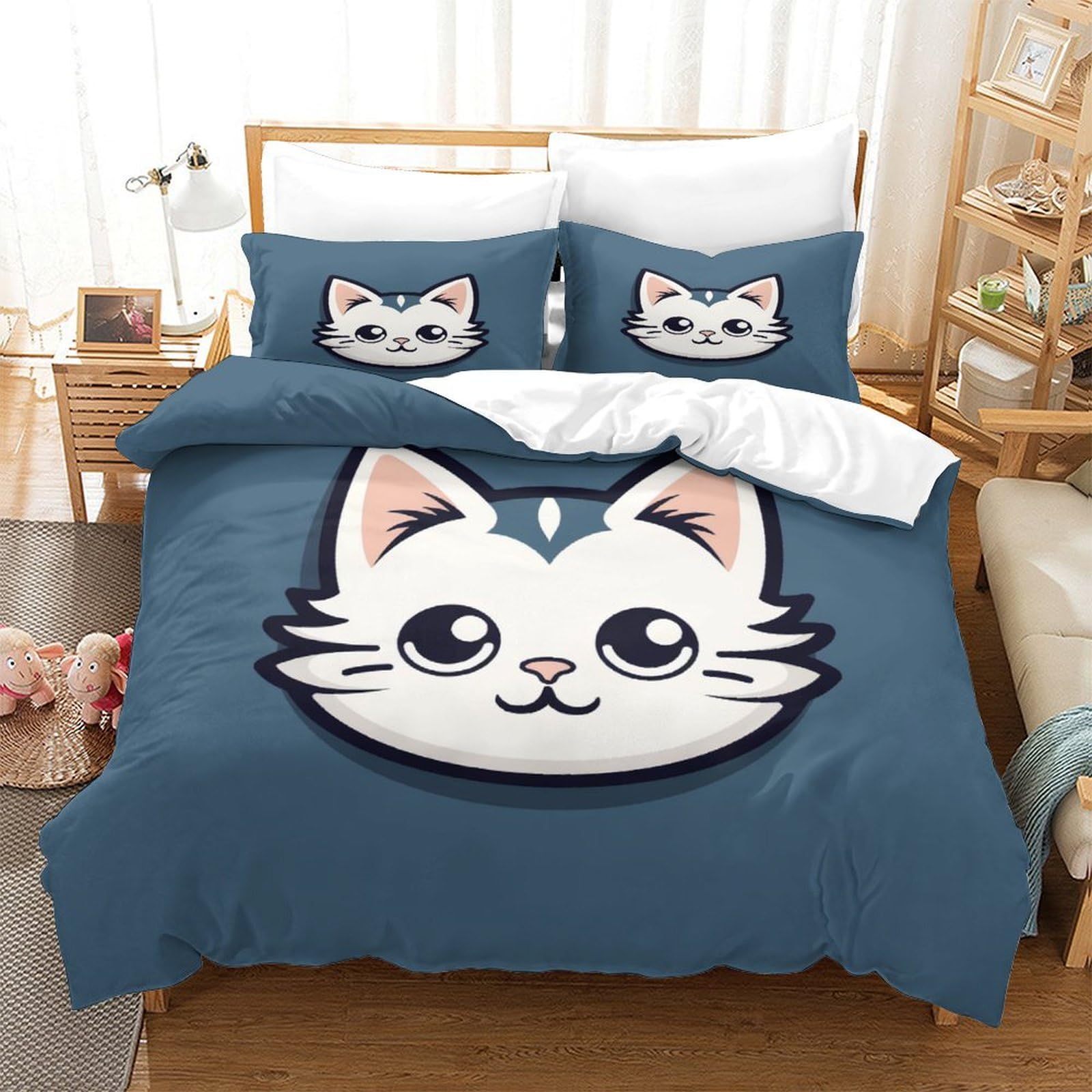 Parure de lit chat 3D microfibre respirante et housse de couette 3 pièces 260x220