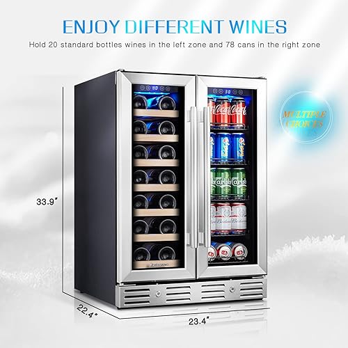 Miniatura 3 de Refrigerador de vino y bebidas de 24 pulgadas, refrigerador de vino de doble zona con capacidad para 20 botellas y 78 latas, control táctil digital