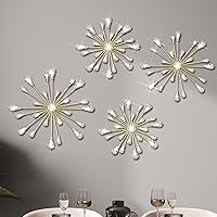 Hicarer 4PCS Gold Starburst 3D Metal Wall Art - Bling Crystal Teardrop Hanging Sculptures for Living Room Bedroom Office Decor