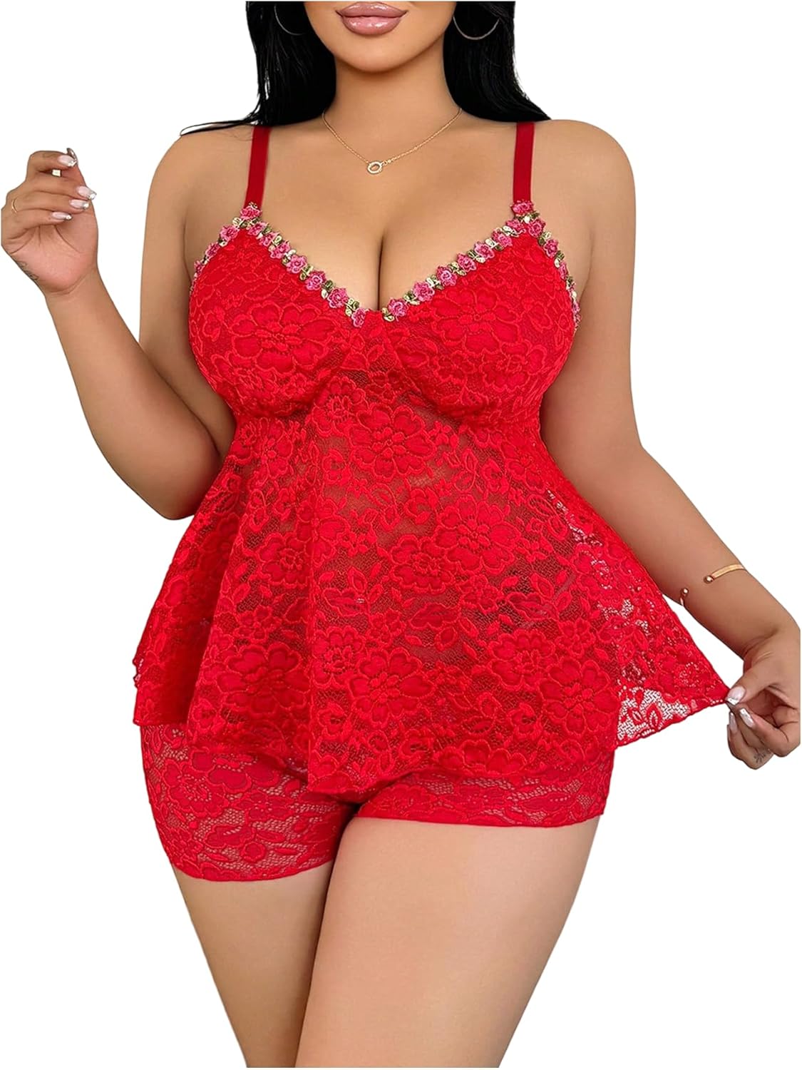 SOLY HUX Women's Plus Size 2 Piece Lingerie Set Lace Sheer V Neck Sleeveless Top and Shorts Set Sleepwear