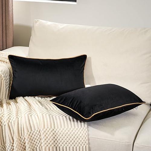 Aeckself Paquete de 2 fundas de almohada lumbar de terciopelo negro puro, modernas, de lujo, decorativas, con borde dorado, cómoda, suave y sólida,