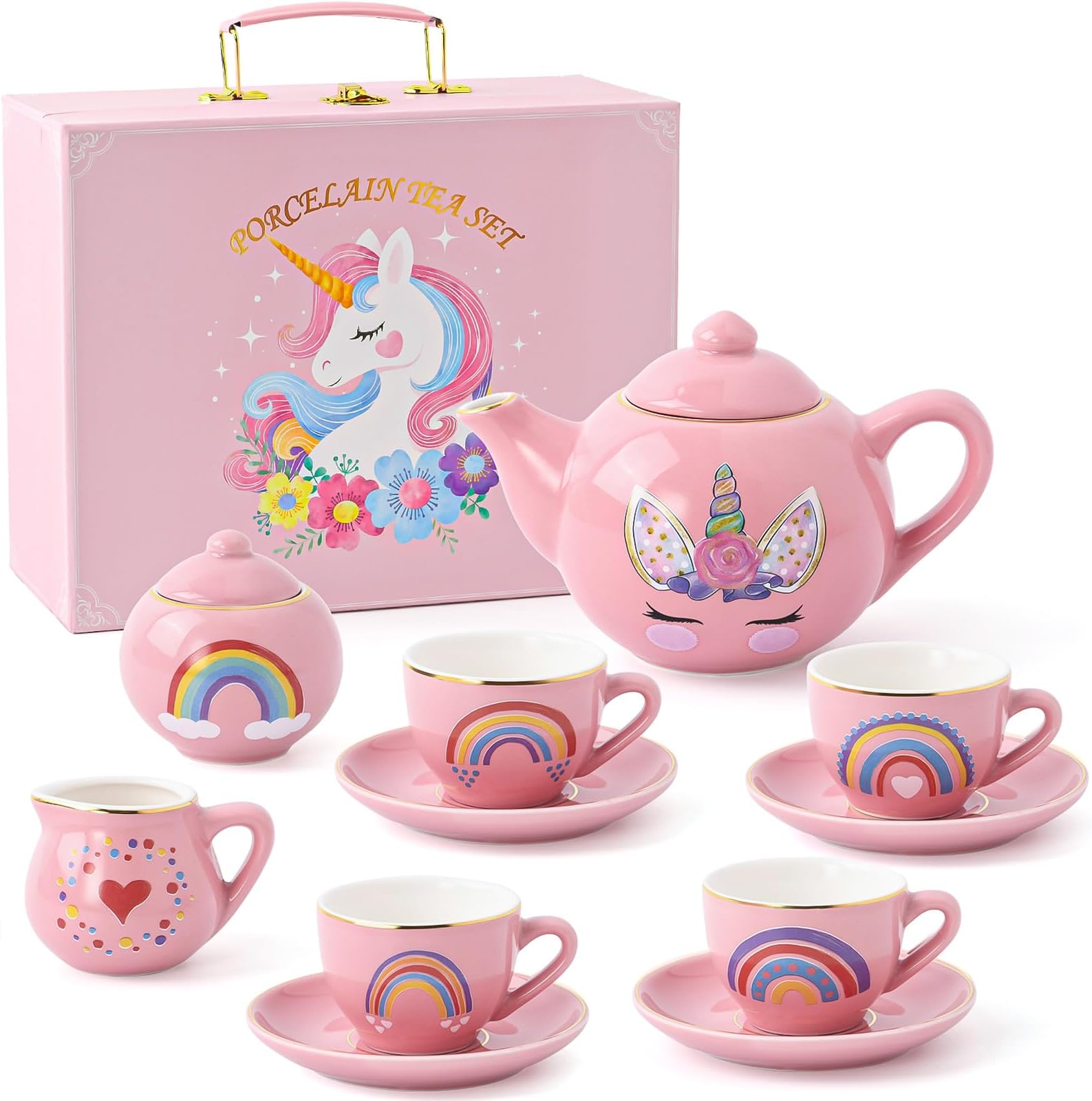 G.C Porcelain Tea Party Set for Little Girls Kids Toddlers, 13Pcs Ceramic Tea Set with Unicorn Tea Pot Cups and Saucers & Carrying Case, Pretend Play Toys Kitchen Set for 3 4 5 6+ Year Old Christmas