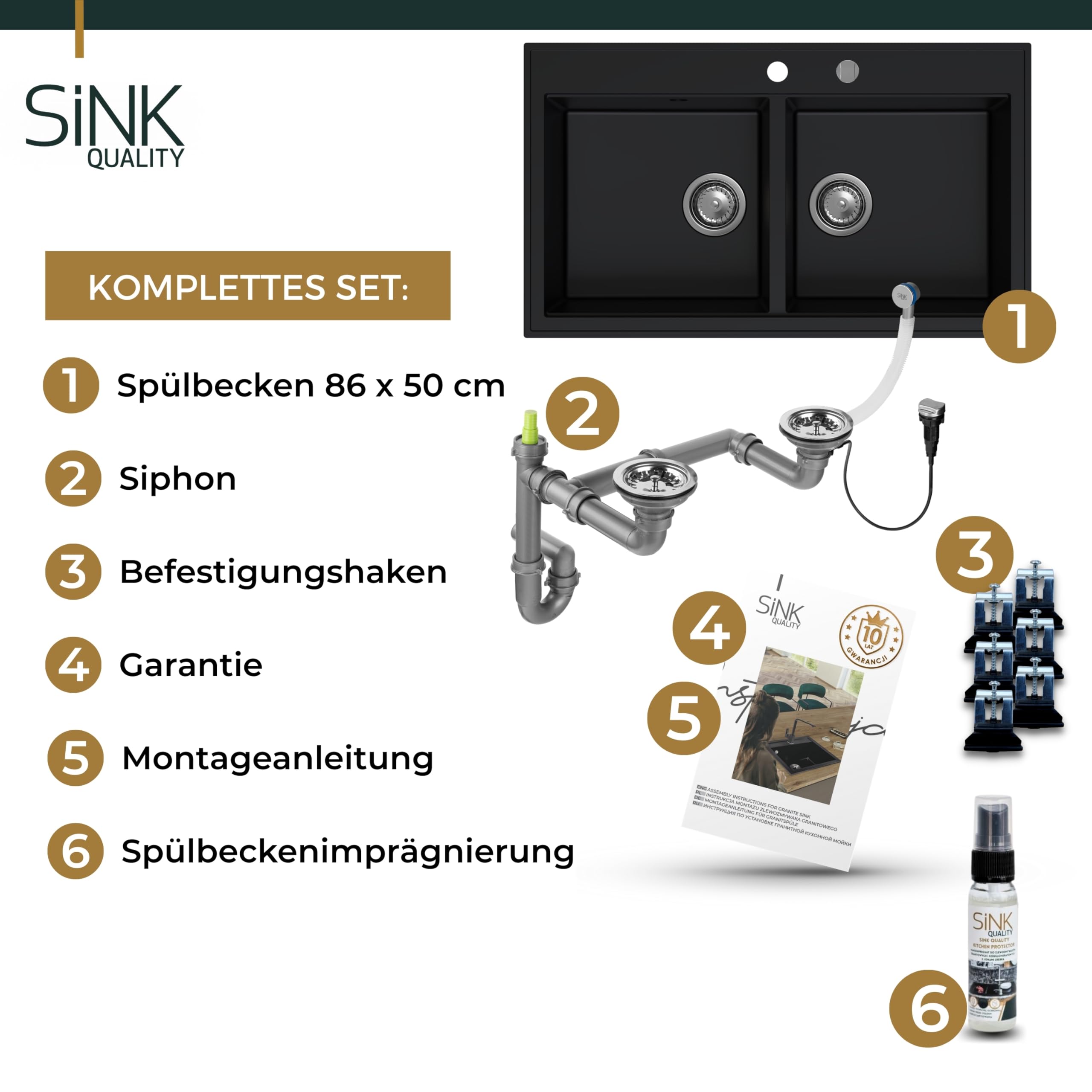 SINK QUALITY Lavello doppio nero 86 x 50 cm, doppio lavello con sifone e impregnante, lavello in granito 2 vasche – lavello da cucina a partire da mobile sottolavello da 85 cm