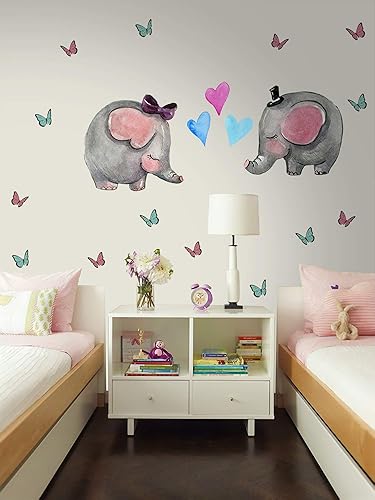 Murwall Cute Elephant Wall Decal For Kids Animal Wall Sticker Colorful Butterfly Peel n Stick Pink Heart Decals for Nursery Room Decor Babyroom