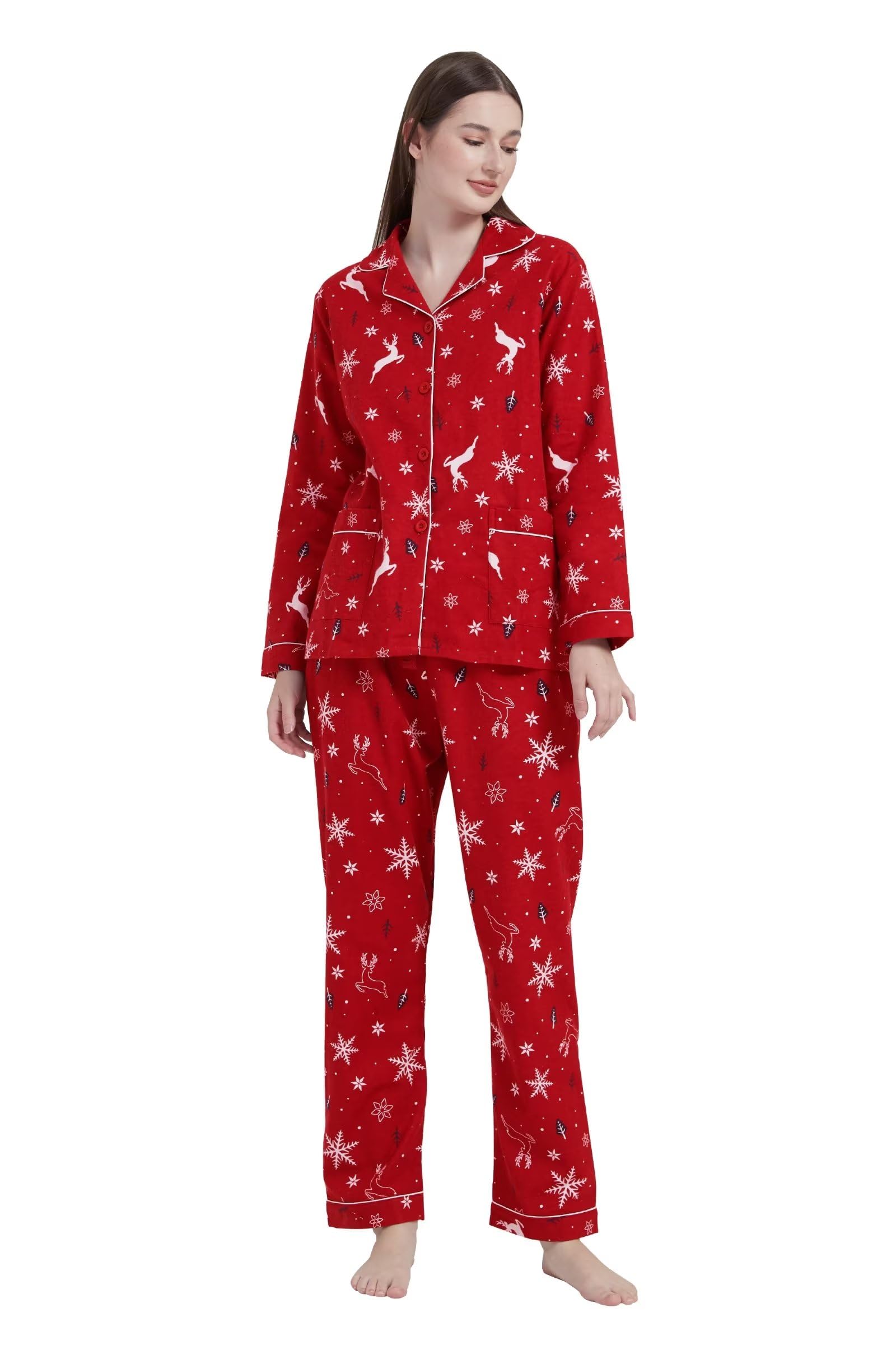 GLOBAL Women's Flannel Pajamas Set 100% Cotton PJs for Women Long Sleeve Button Drawstring Waist Warm Loungewear Sleepwear