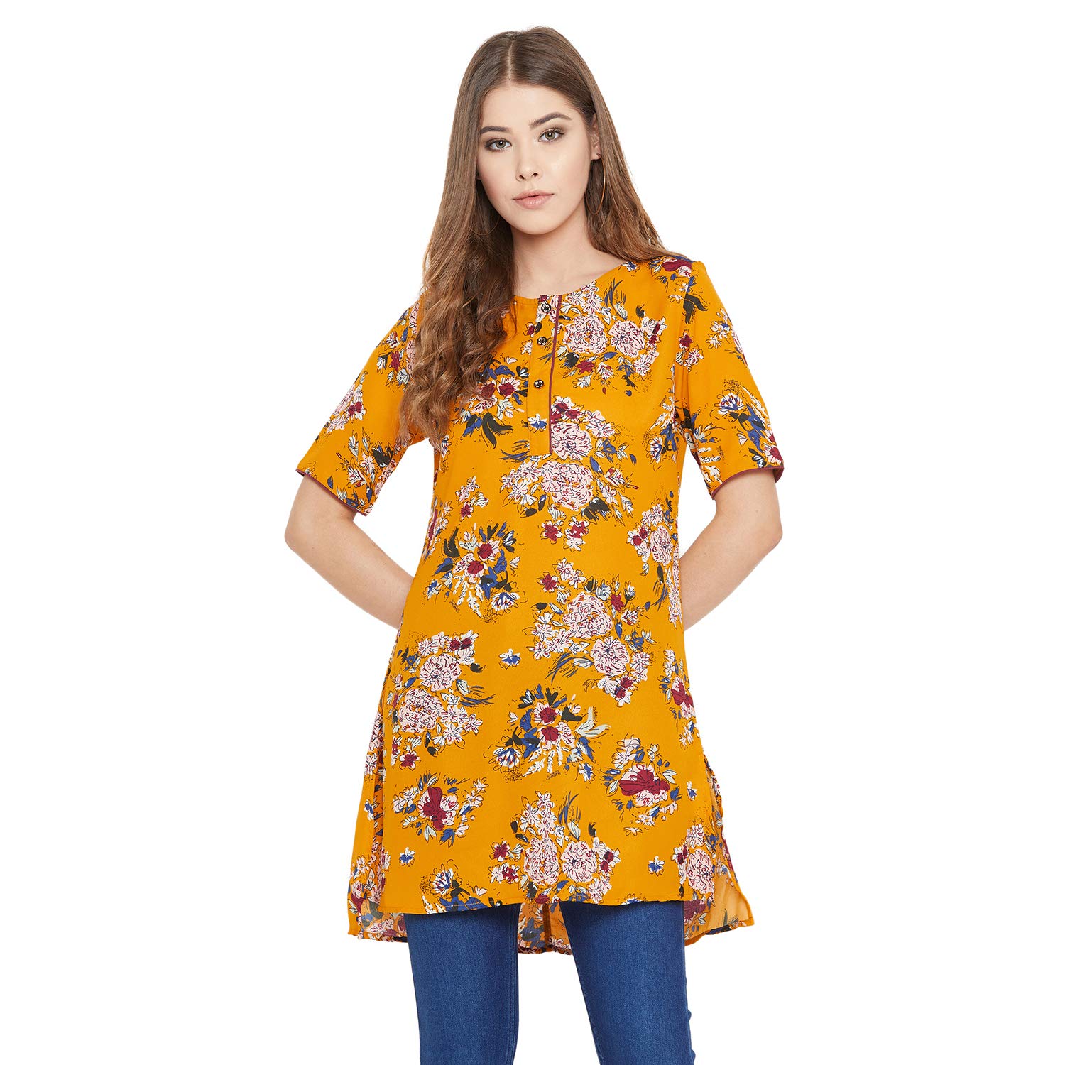 Ruhaan's Womens Summercool Floral high-Low Mustard Tunic (RU_5733), Yellow, 2XL
