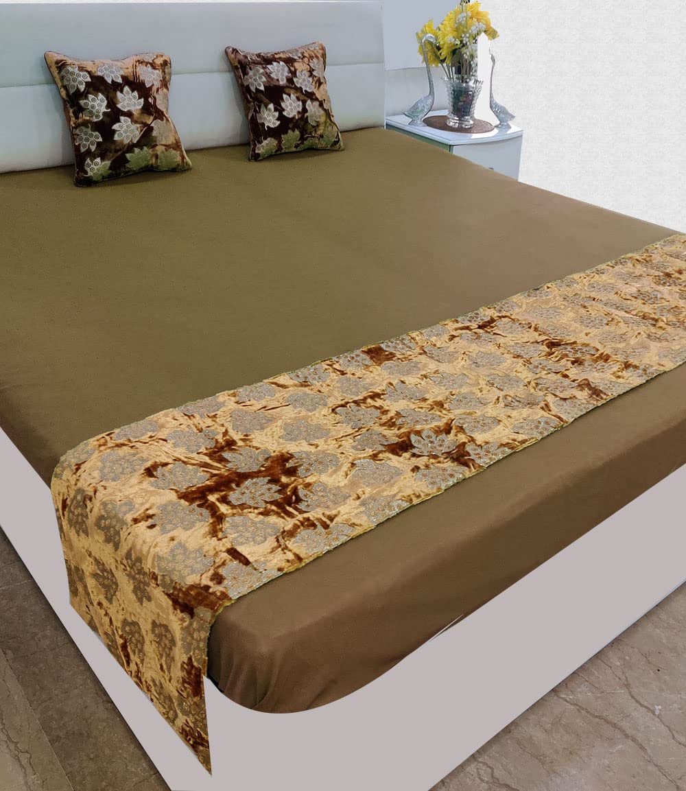 Bed Runner with 2 Cushion Cover Decorative Velvet Scarf for Bedroom Hotel Wedding Home Living Room 18x86 in, 16x16 in. (Brown- Gold)-image-36