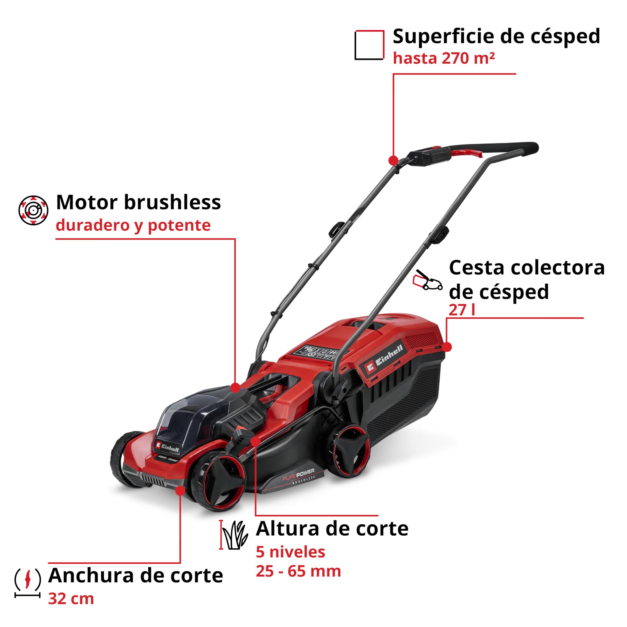 Einhell cortacésped con batería GE-CM 18/32 C Li BL-Solo Power X-Change (18 V, 32 cm de Ancho de Corte, hasta 270 m2, brushless, Cesta 27 l, Corte Cerca del Borde, sin batería)