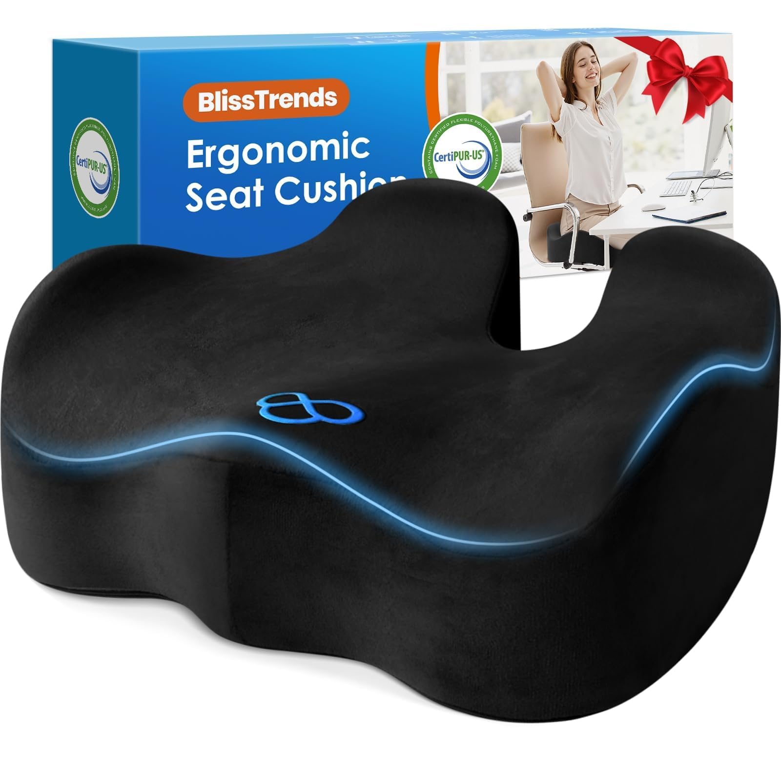 BlissTrends Extra Thick Seat Cushion for Office Chair &amp; Car Seat, Black