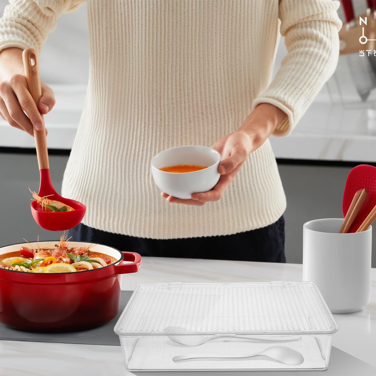 HOMSFOU Bandeja de cubiertos con tapa, organizador de cajones de cocina de plástico transparente, cesta de cubiertos, soporte de utensilios, contenedor de almacenamiento para palillos, cucharas,