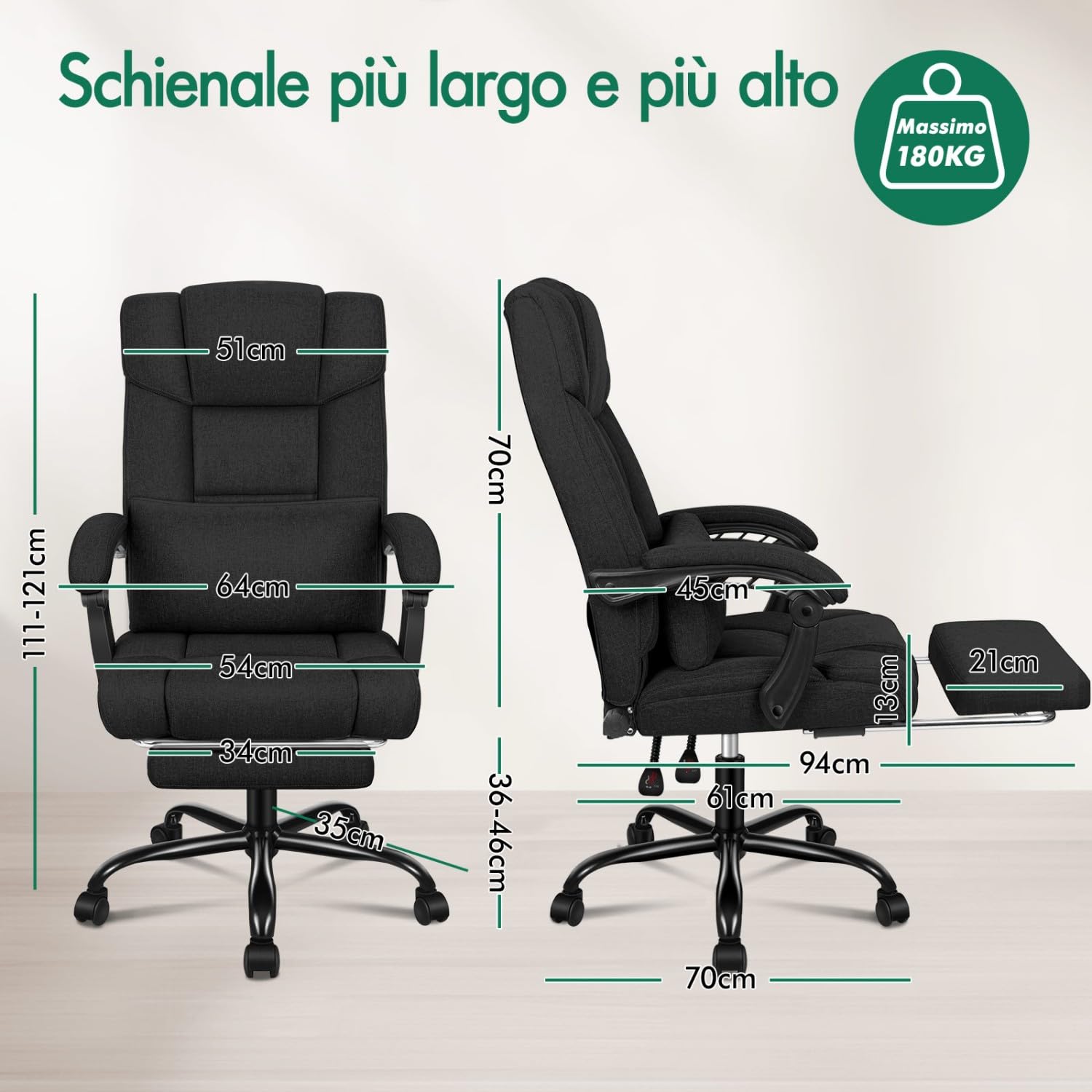 ALFORDSON Sedia Girevole con Poggiagambe Poltrona Direzionale Ergonomica da Ufficio Studio Regolabile con Rotelle, Altezza Regolabile, Supporto Lombare, Portante di 180 kg, Tessuto(Nera)