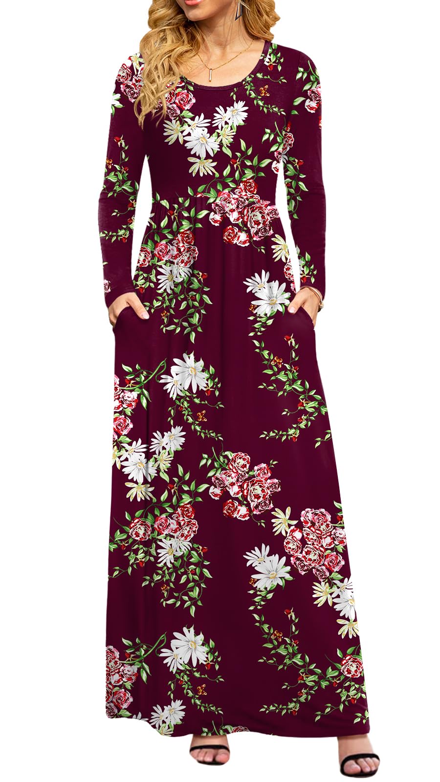 DB MOON Women Casual Long Sleeve Maxi Dresses Empire Waist Long Dress with Pockets