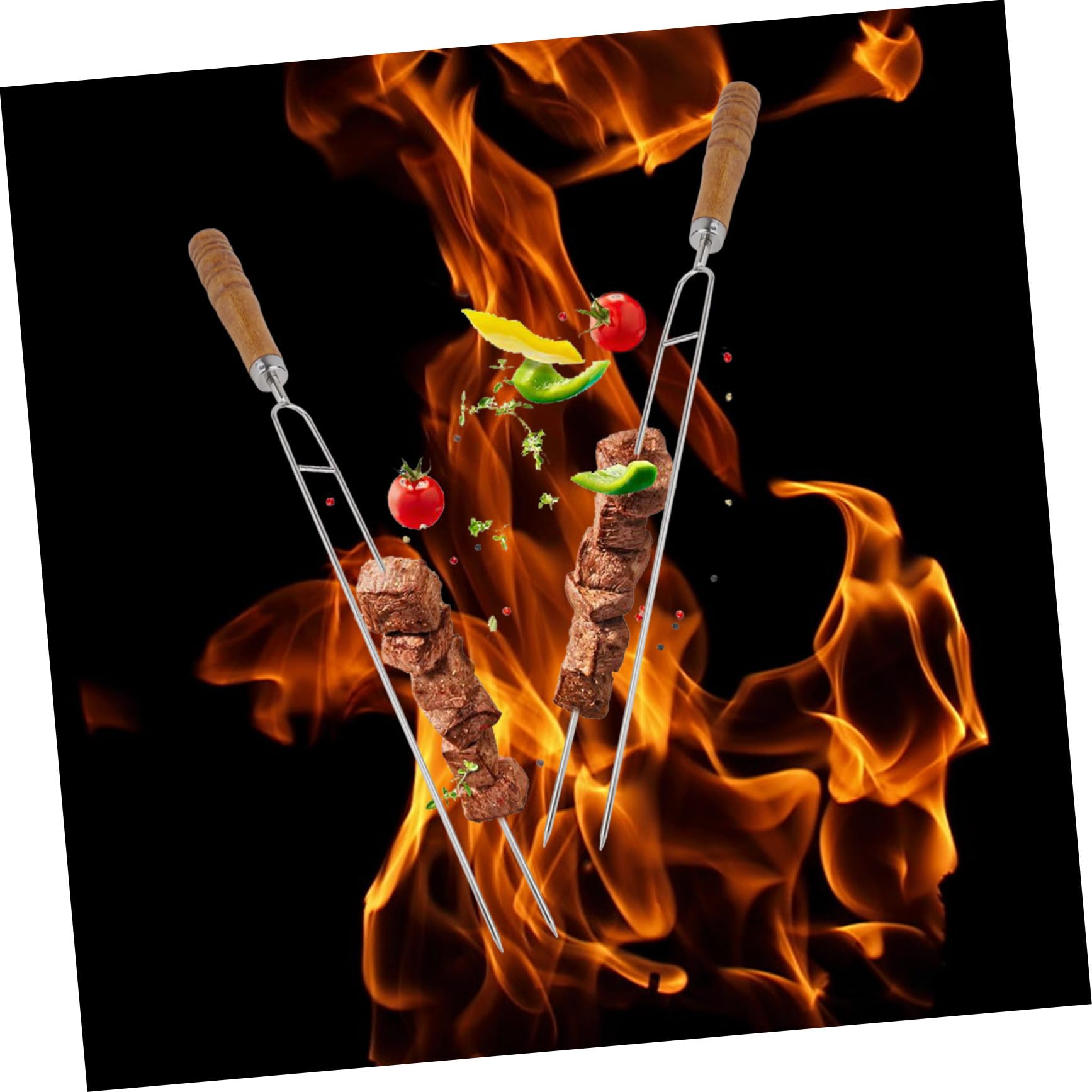 6 Piezas Pinchos para Barbacoa Acero Inoxidable con Doble Mango Madera Utensilios para Asar Carne y Vegetales Exteriores sin Reutilizables