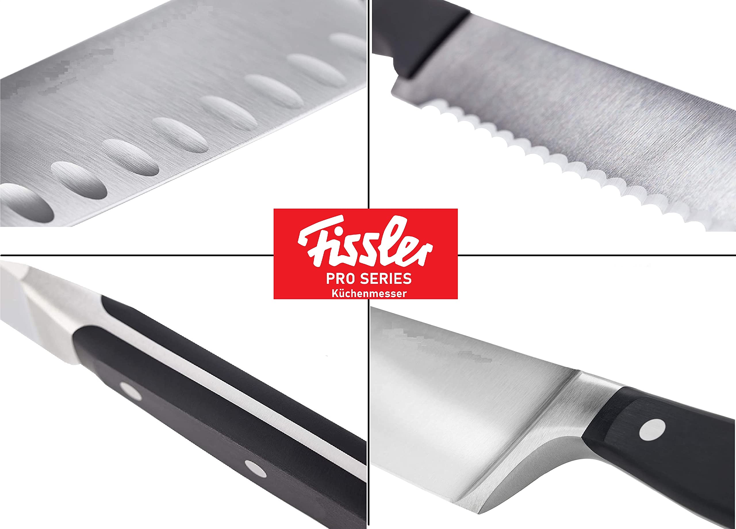 Fissler PROFI Messerset 4 tlg, Spezialklingen-Edelstahl geschmiedet - scharf, Rostfrei, Küchenmesser Set aus 1 Kochmesser / 2 Santokumesser / 1 Brotmesser, Messer Küche