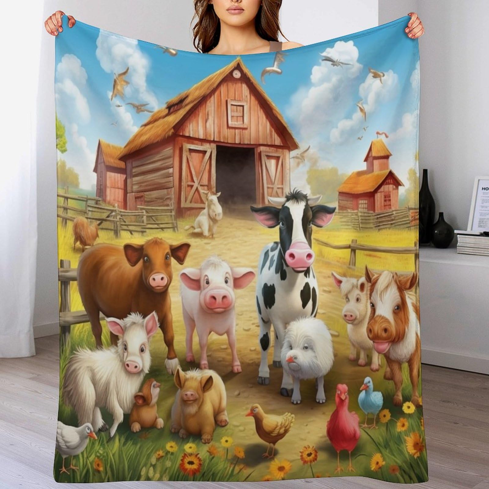 Couverture flanelle douillette motif animal de ferme pour un nid chaleureux et réconfortant