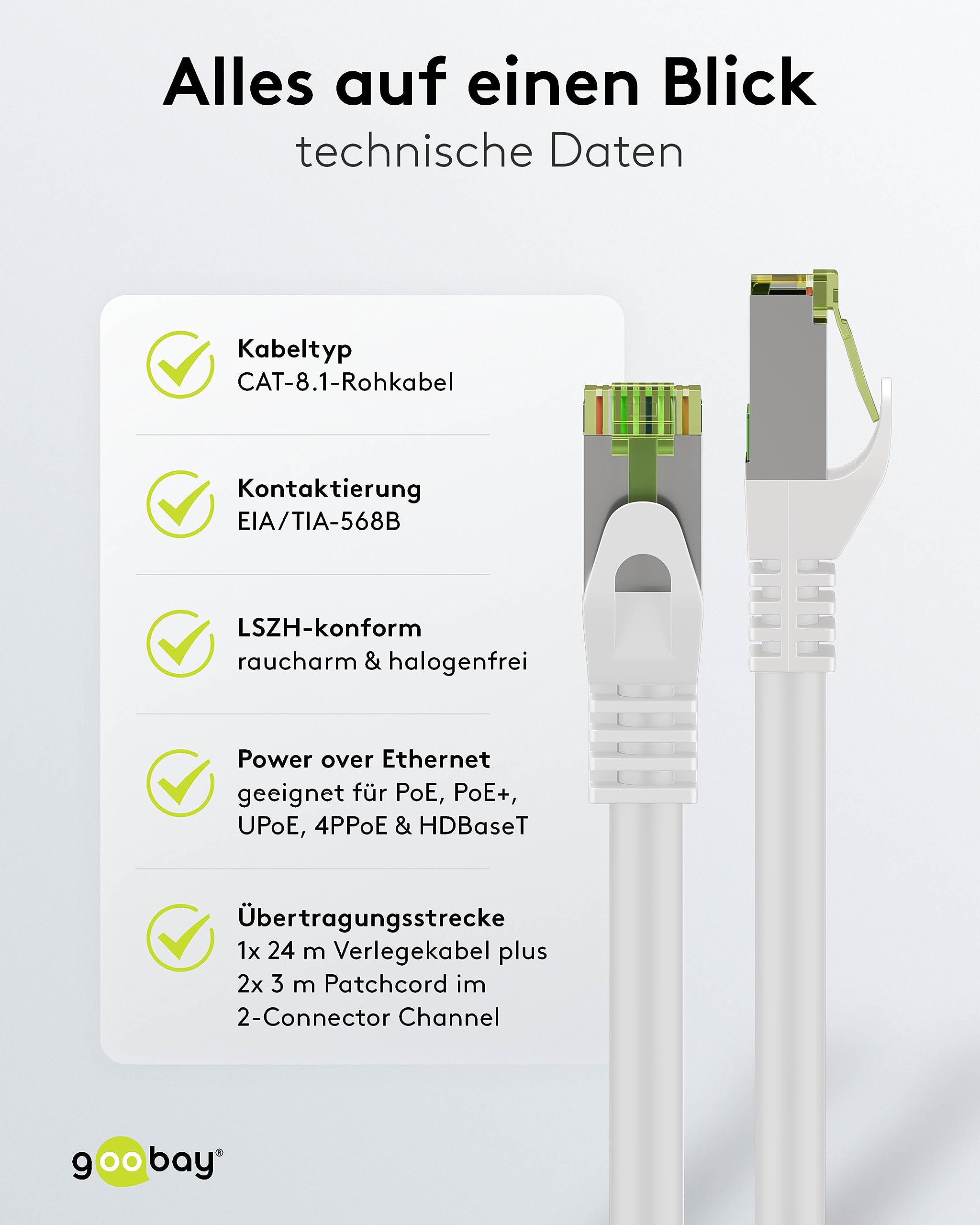 goobay 61103 - CAT 8.1 kabel sieciowy/kabel LAN - Highspeed 40 Gbits kabel krosowy z ekranowaniem S/FTP PiMF/biały / 0,5 m
