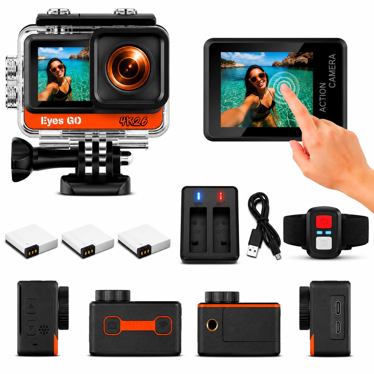 4K26 - Caméra Sport 4K30fps - 20 Accessoires - Photo 16MP - 2 Ecrans Tactile Vlog - Télécommande - Stabilisateur E.I.S 2.0 - Étanche 30M - 5 Heures d'autonomie