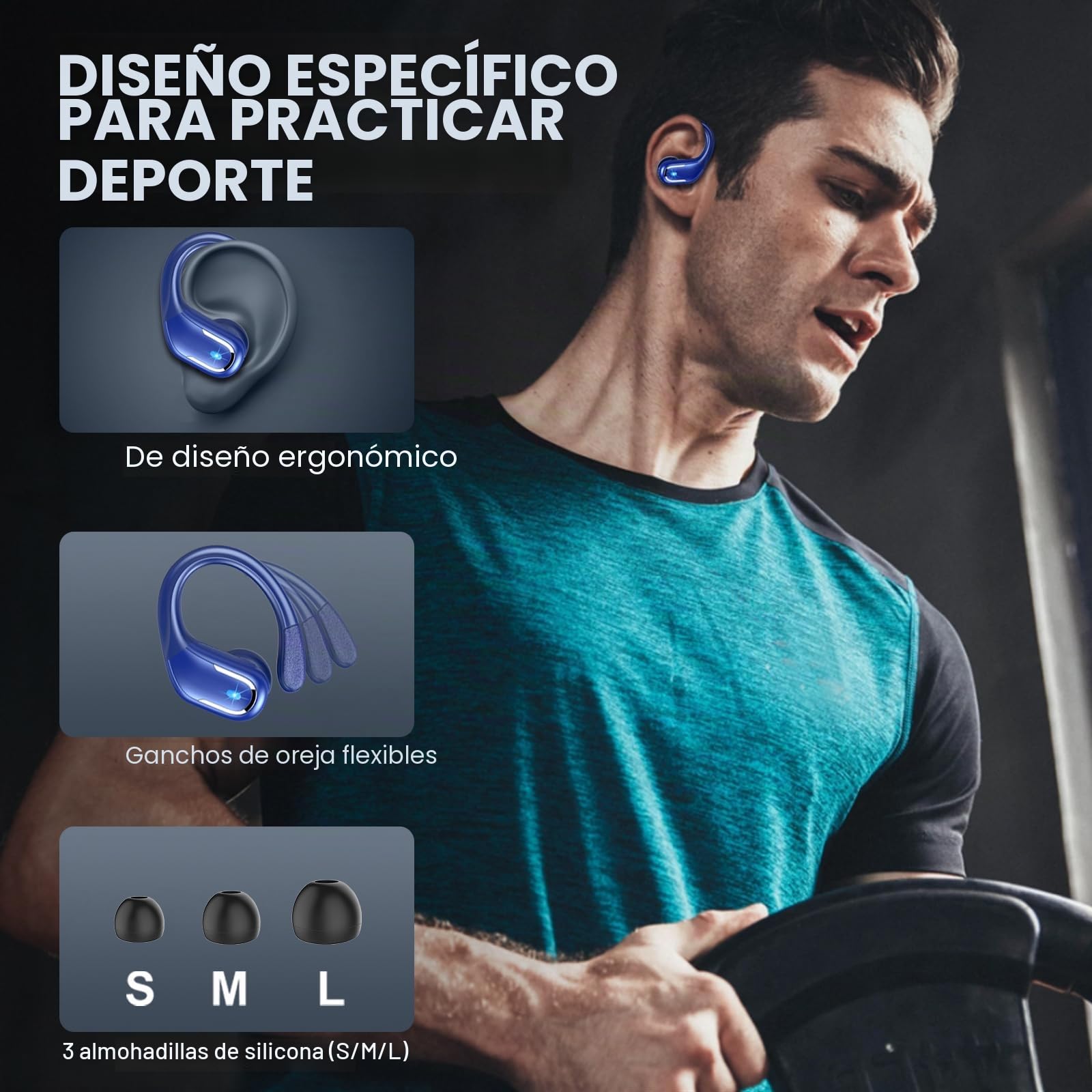 Auriculares Inalambricos Deportivos, 75H Auriculares Bluetooth 5.3 con HD Cancelación Ruido ENC Mic, Cascos Inalámbricos Bluetooth HiFi Estéreo, Audifonos Inalambricos IP7 Impermeable, Tipo-C, Azul