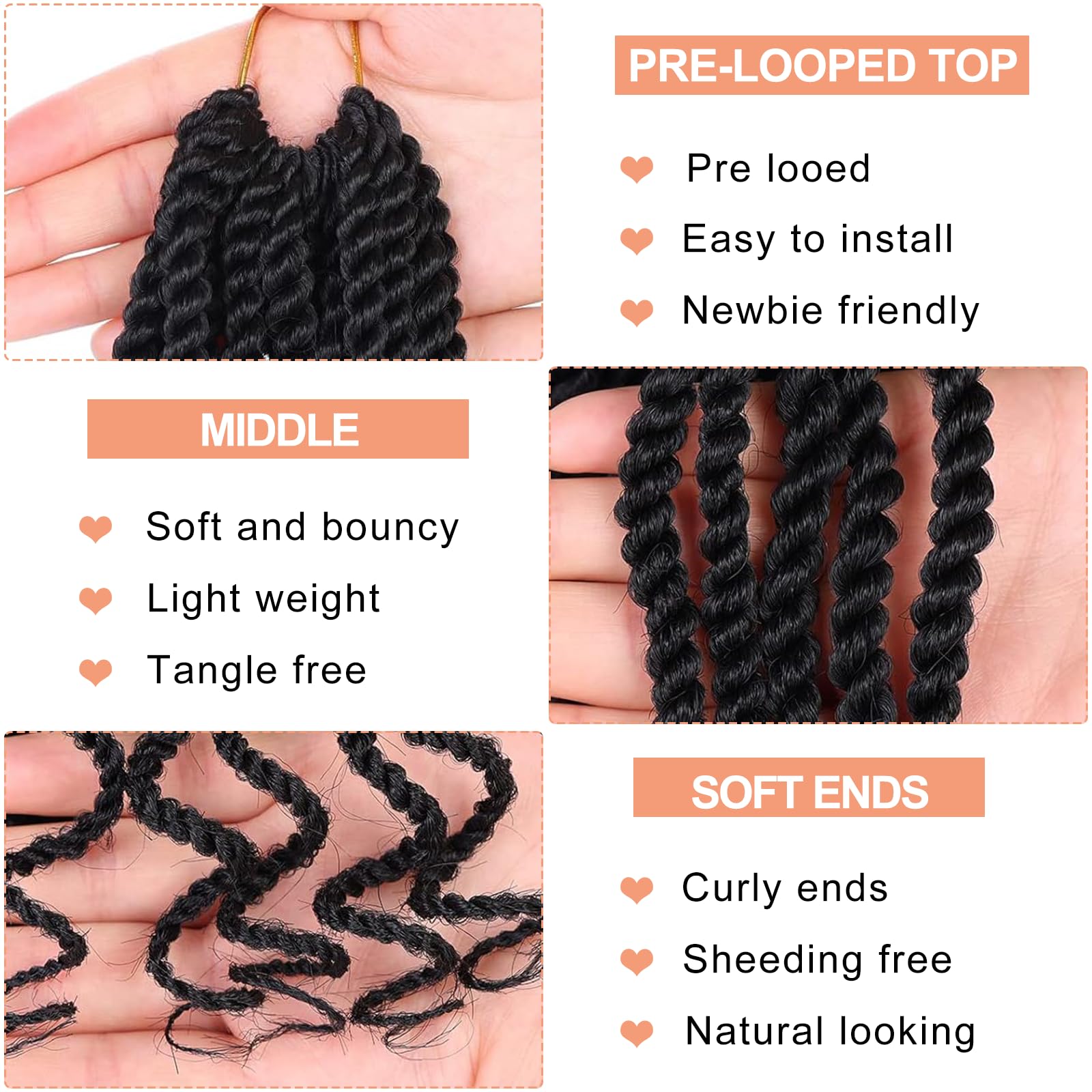 Mscat 14 Inch Wavy Senegalese Twist Crochet Hair 8 Pack Synthetic Short Pre Looped Kids Crochet Braids with Curly Ends Pre Twisted Small Havana Twist Braiding Hair for Black Women 1B# - Image 3