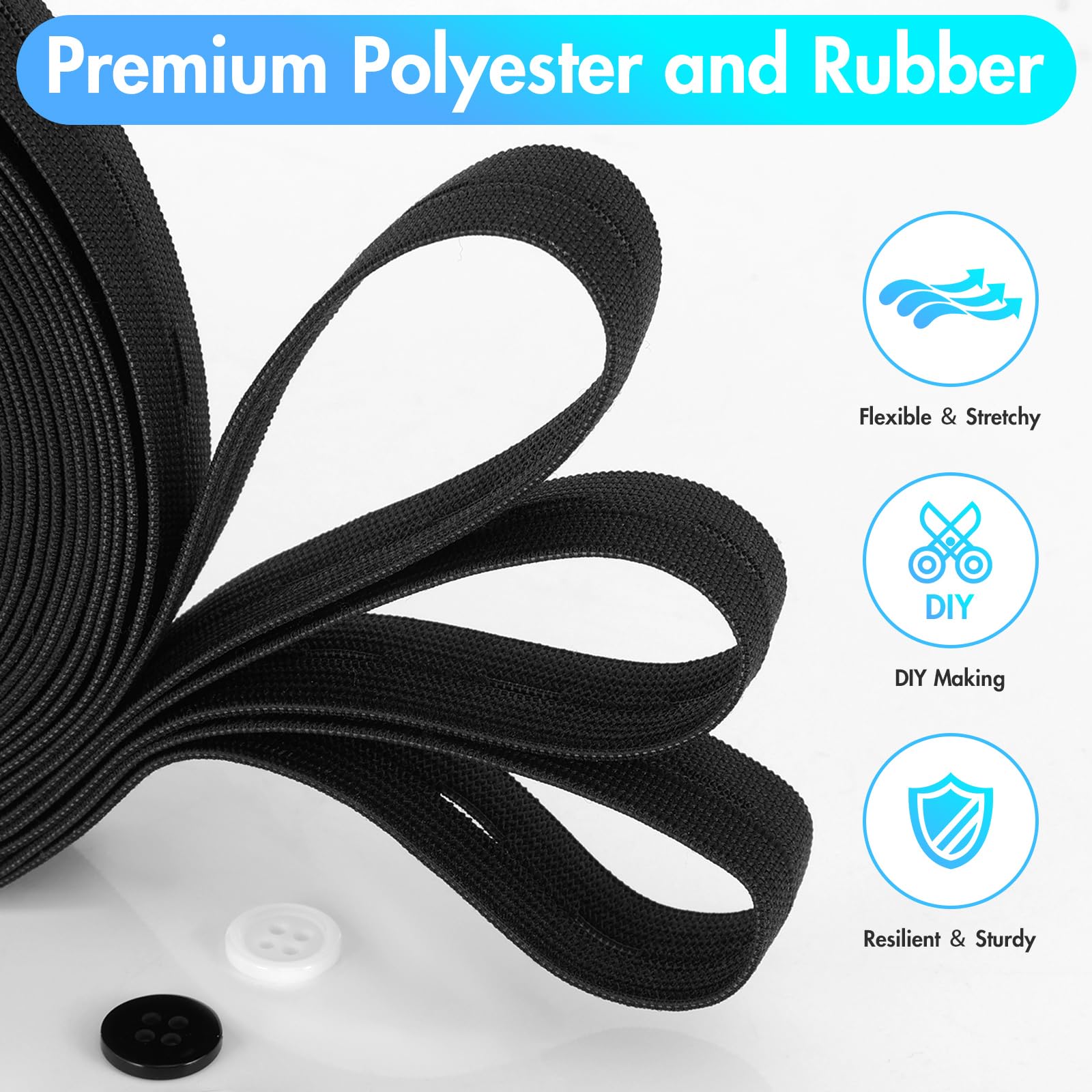 2 Rolls Buttonhole Elastic Band, 20mm x 14m Elastic Knit Spandex Spool, Black White Webbing Stretch Band - Image 3