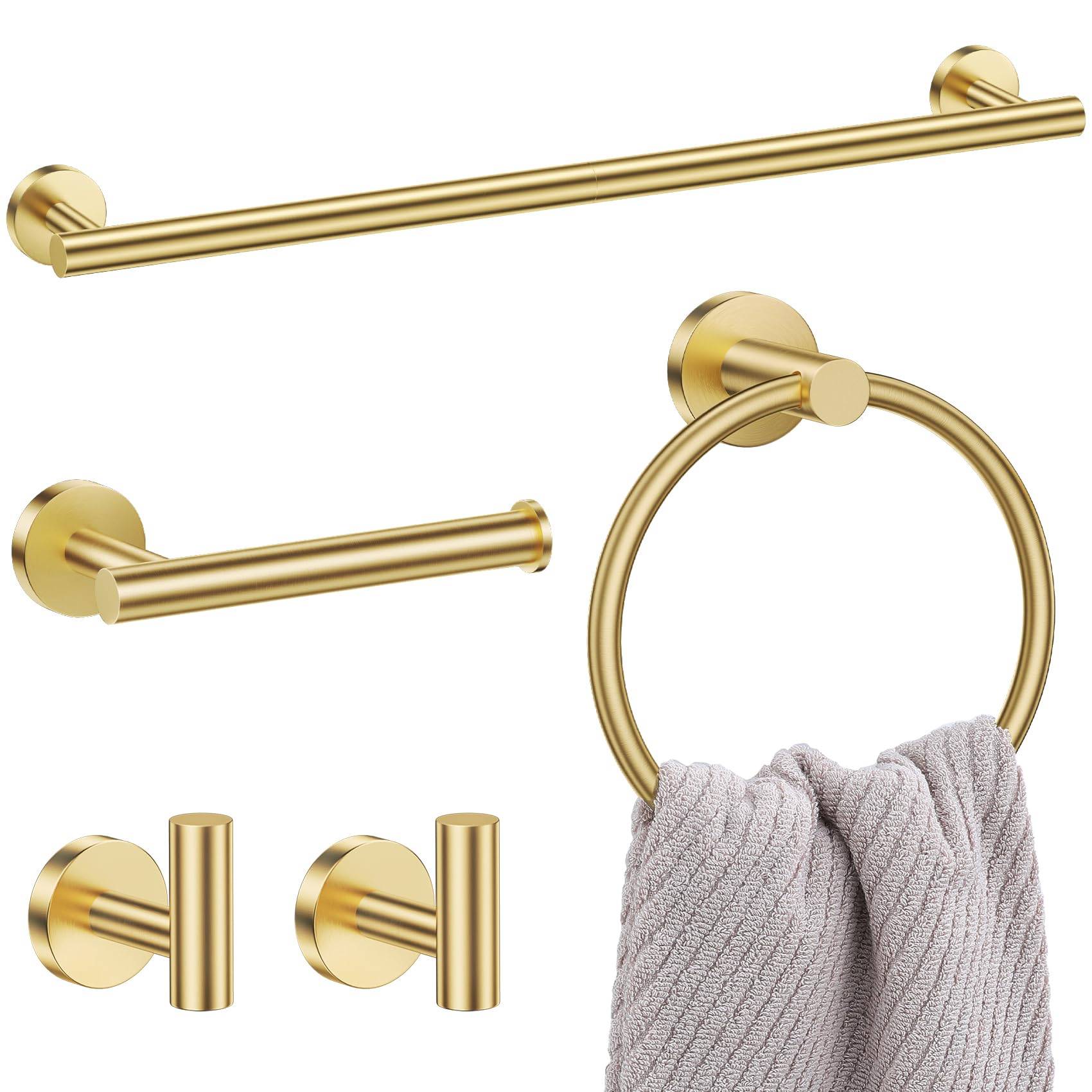 Lairuier 5 Pieces Brushed Gold Bathroom Accessories Set, 23.6 Inch Bath Towel Bar Set, SUS304 Stainless Steel Bathroom Hardware Set Round Toilet Paper Holder Set Wall Mounted