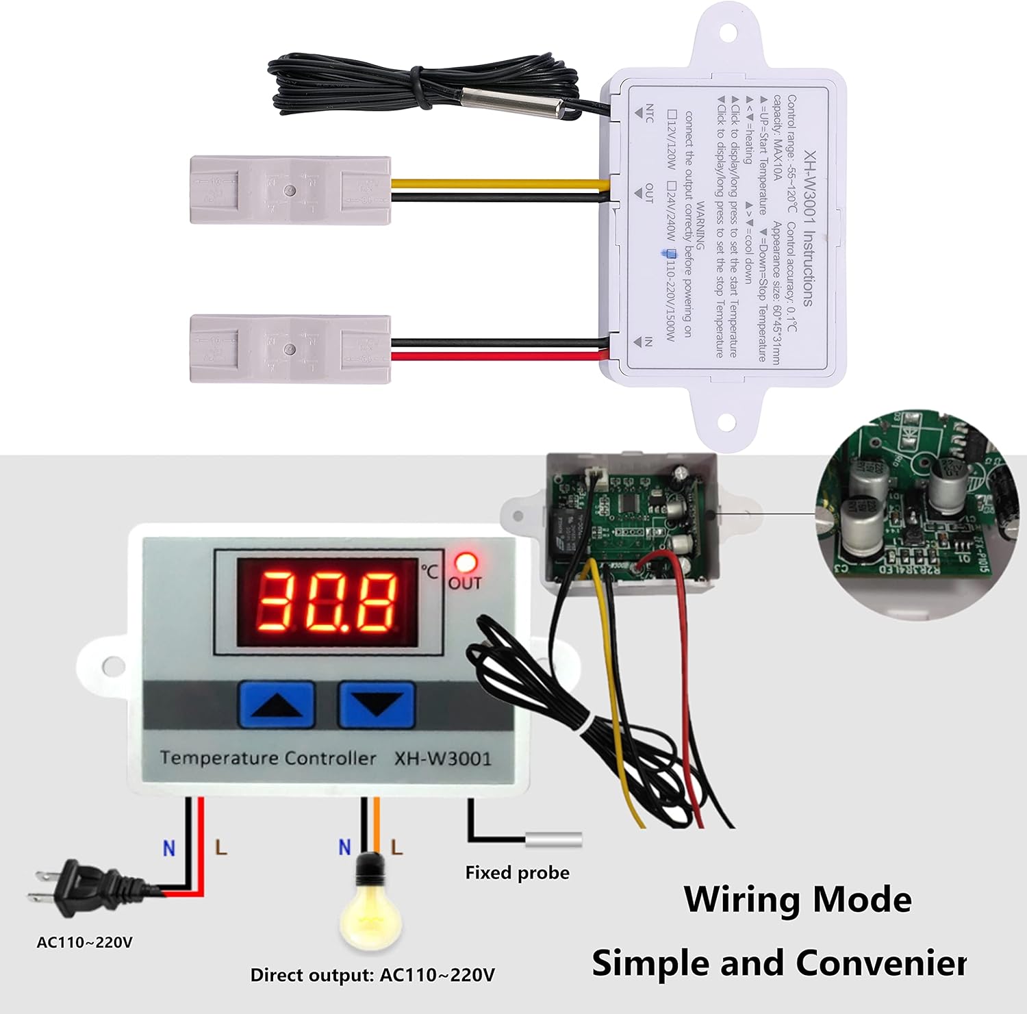 VIGELA AC110~220V 1500W XH-W3001 Digital LED Temperature Controller with Waterproof Probe and Quick Connector(2 Pieces) : Everything Else