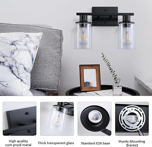 Miniatura 3 de Lámpara de tocador de baño negra mate de 2 luces, lámparas de baño sobre espejo con pantalla de vidrio transparente, modernos apliques de pared de