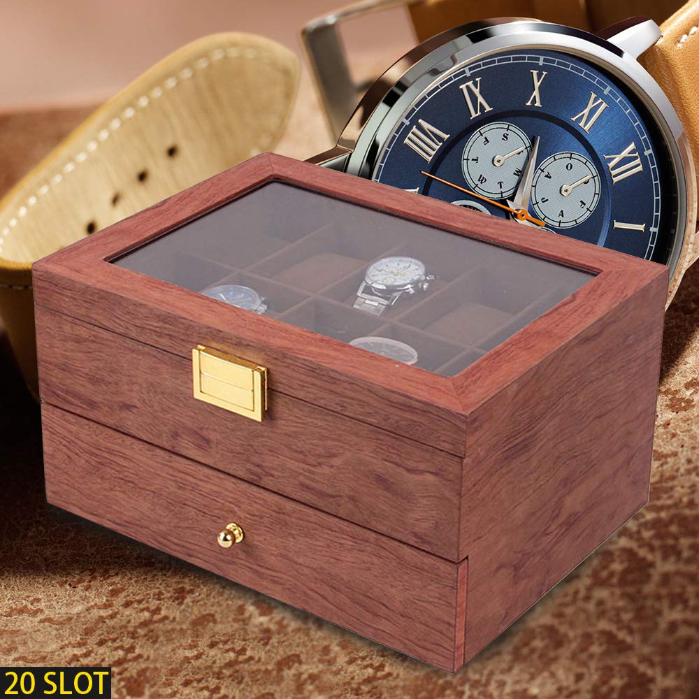 Uhrenbox 20 Fächer aus Holz mit Schlüssel, Luxuriöses Kunstlederinterieur, Herausnehmbare Uhrenkissen, Ideal als Geschenk für Männer und Frauen