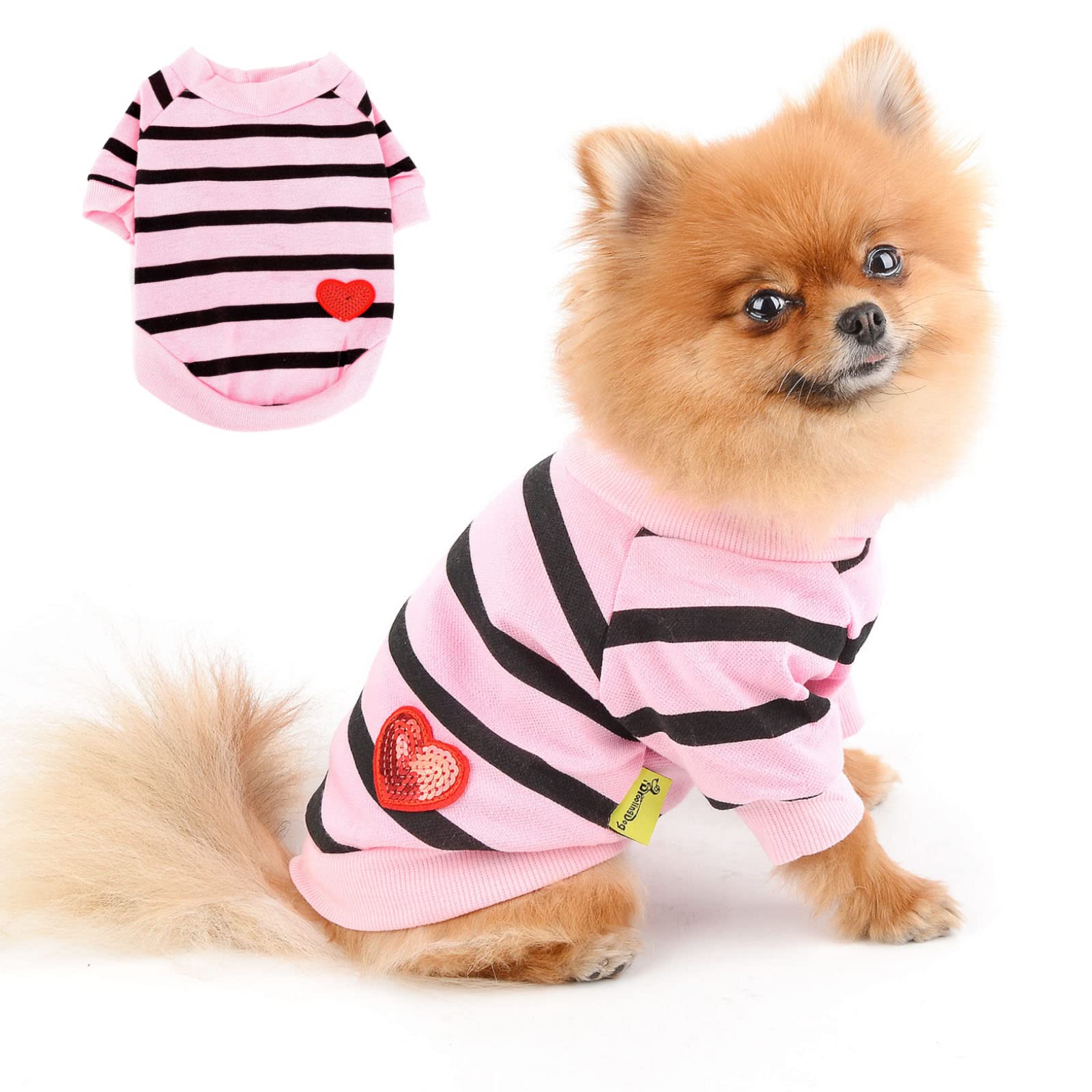 PAIDEFUL Striped Dog Shirts for Small Medium Dogs Cats Girls Boys Vest Tee with Red Heart Breathable Tank Tops Puppy Chihuahua Yorkie Clothes t Shirts Pet Summer Daily Wear Walking Outdoor Pale PinkXS โ image 1