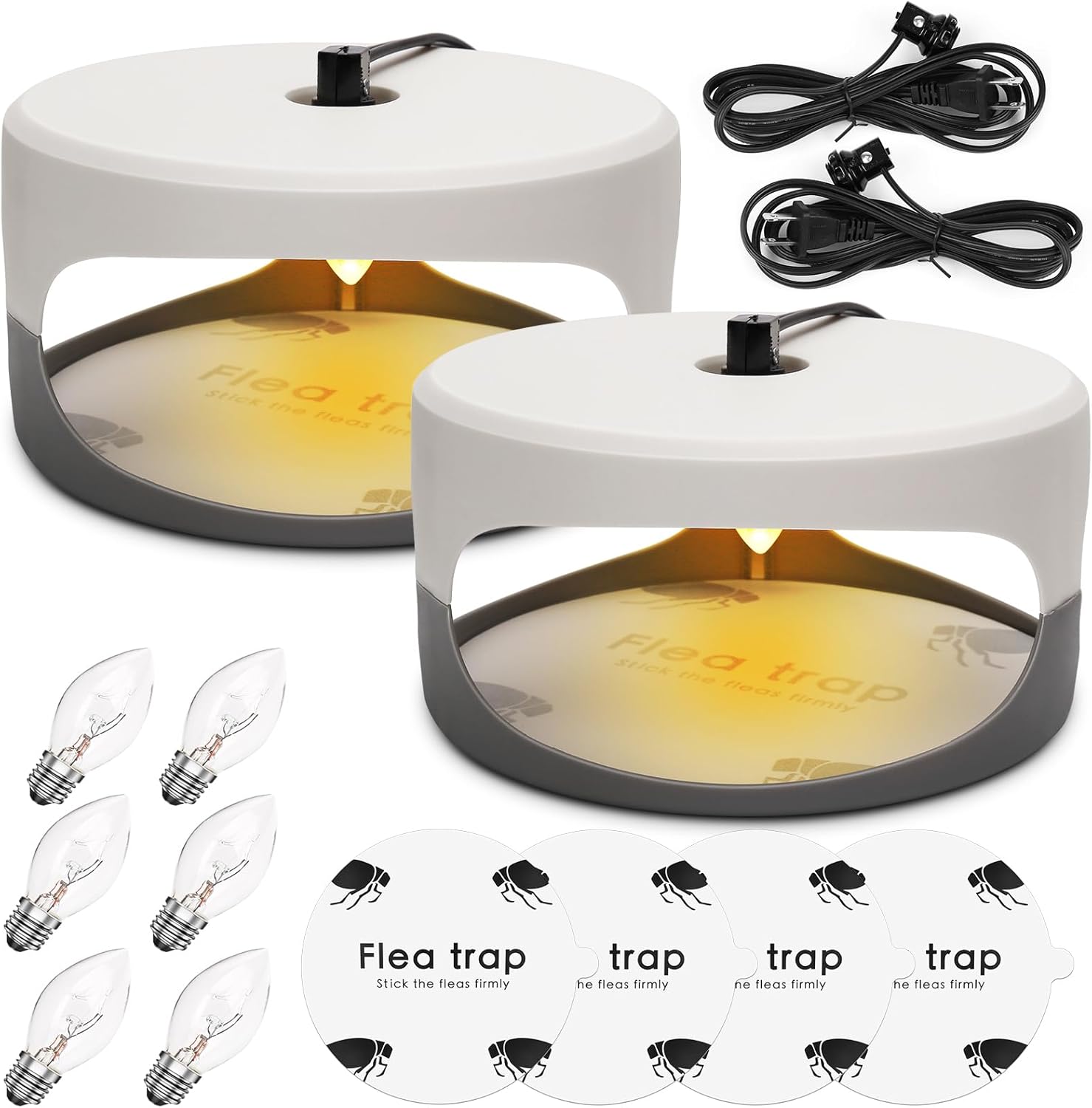 Flea Traps for Inside Your Home, 2 Pack Flea Trap with Sticky Pads Refills & Light Bulb Replacement, Odorless Natural Indoor Bed Bug Light Killer Insect Infestation Treatment Trap for Kids Pet Round