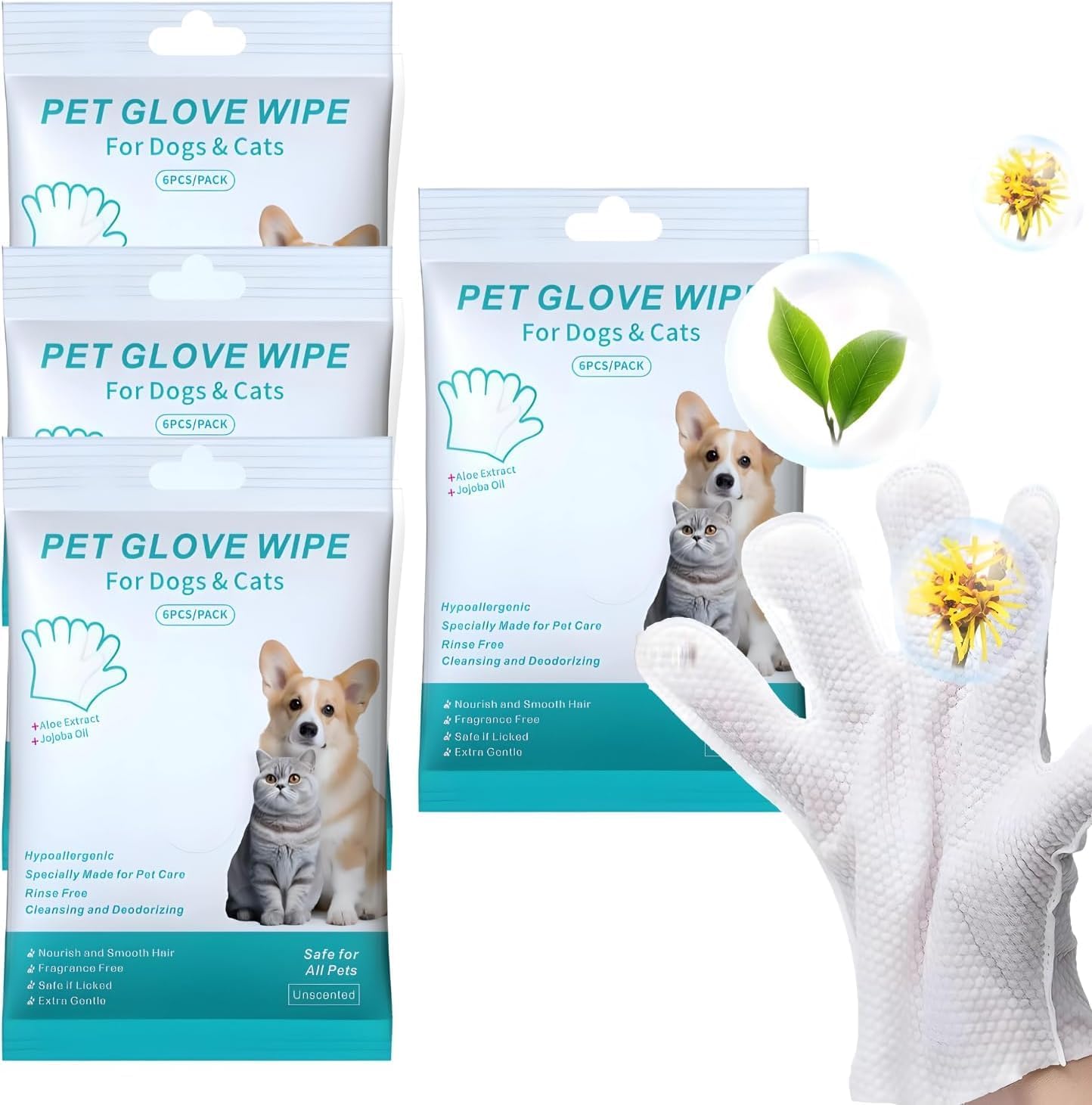 Pet Bathing Wipes for Dogs & Cats, Cleaning & Deodorizing Grooming Gloves, Nourish Fur Glove Wipes for Daily Care and Traveling, Rinse Free .(4 Pack, 24 PCS)