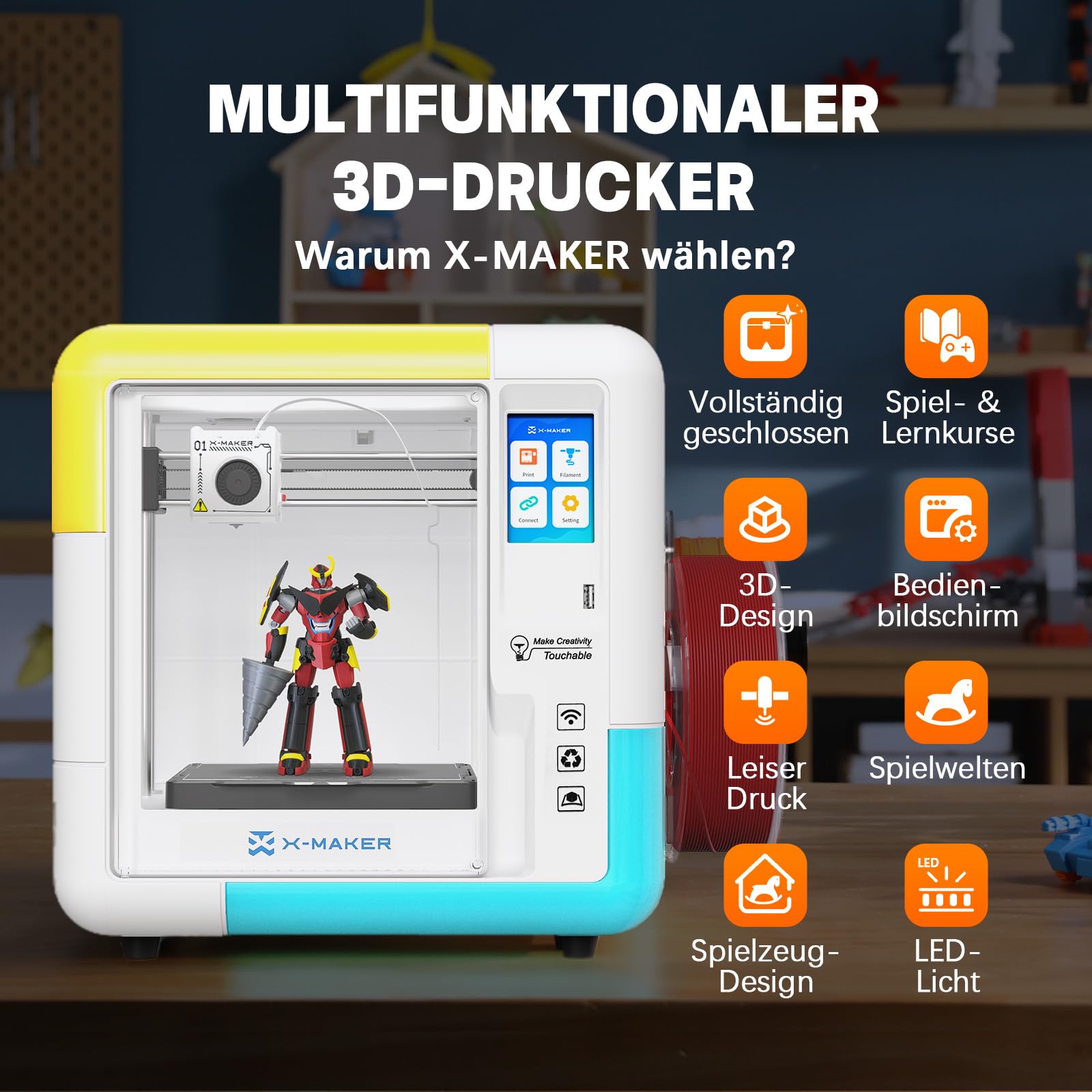 X-Maker Imprimante 3D avec Application de Conception, Grande Bibliothèque de Jouets, avec 15+ Mini Modules De Conception 3D,Imprimante 3D pour Enfants,Convient pour L'École Et La Maison, Équipé De