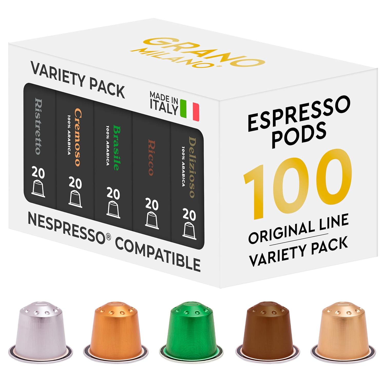 Grano Milano Variety Pack Coffee Capsules - 100 Aluminum Coffee Pods Compatible With Nespresso Original Line, Medium And Dark Roast, Made In Italy