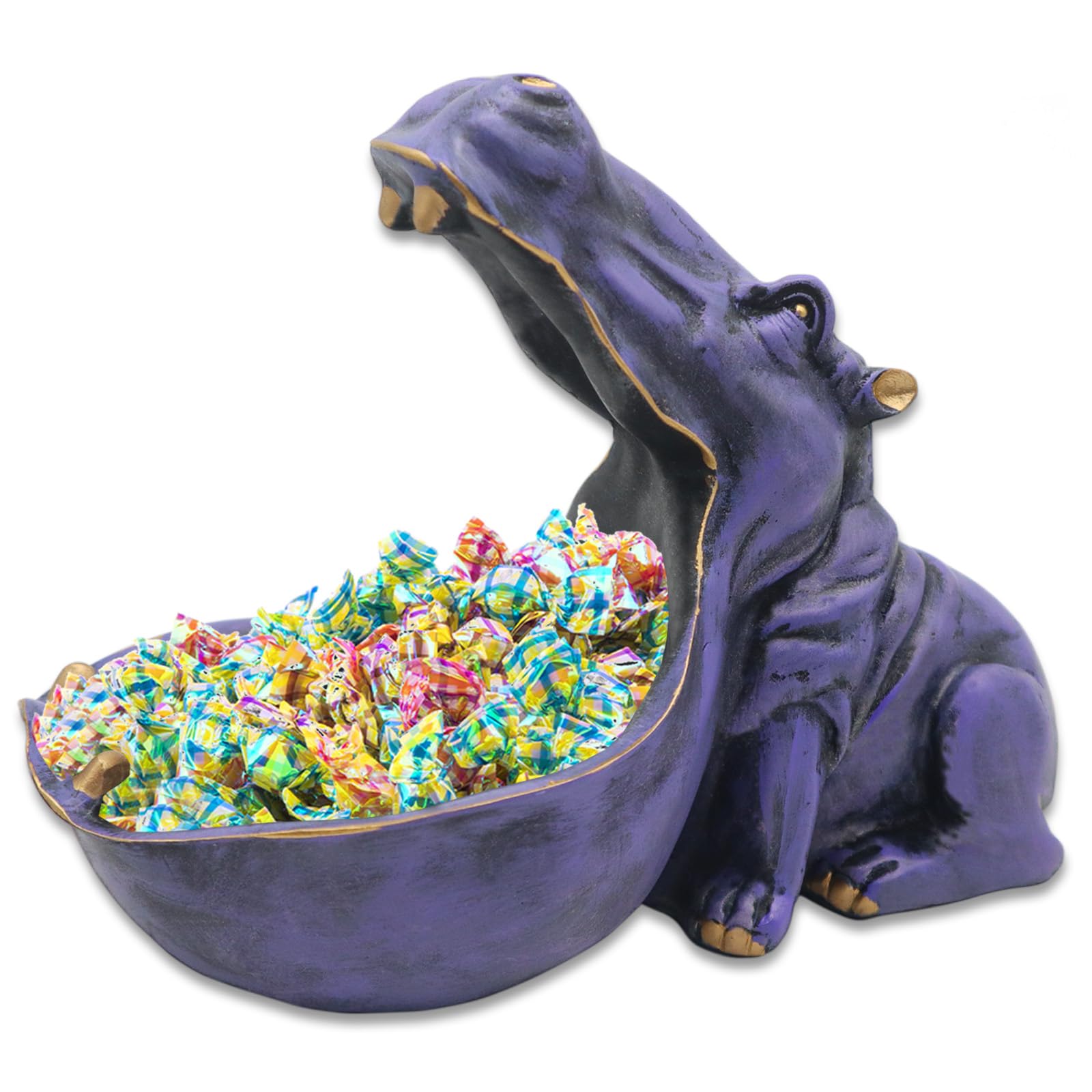 aboxooHippo Statue, Hippopotamus Figurine Home Sculpture with Resin, Hippo Candy Jar, Candy Dish Bowl for Office Desk, Key Bowl for Entryway Table, Sundries Container Storage Art Decor Box(Purple)
