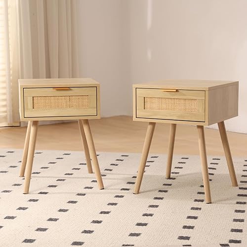 Miniatura 9 de LAZZO Juego de 2 mesitas de noche de madera para dormitorio, con cajón de tejido de ratán, mesa auxiliar para almacenamiento de dormitorio (juego de