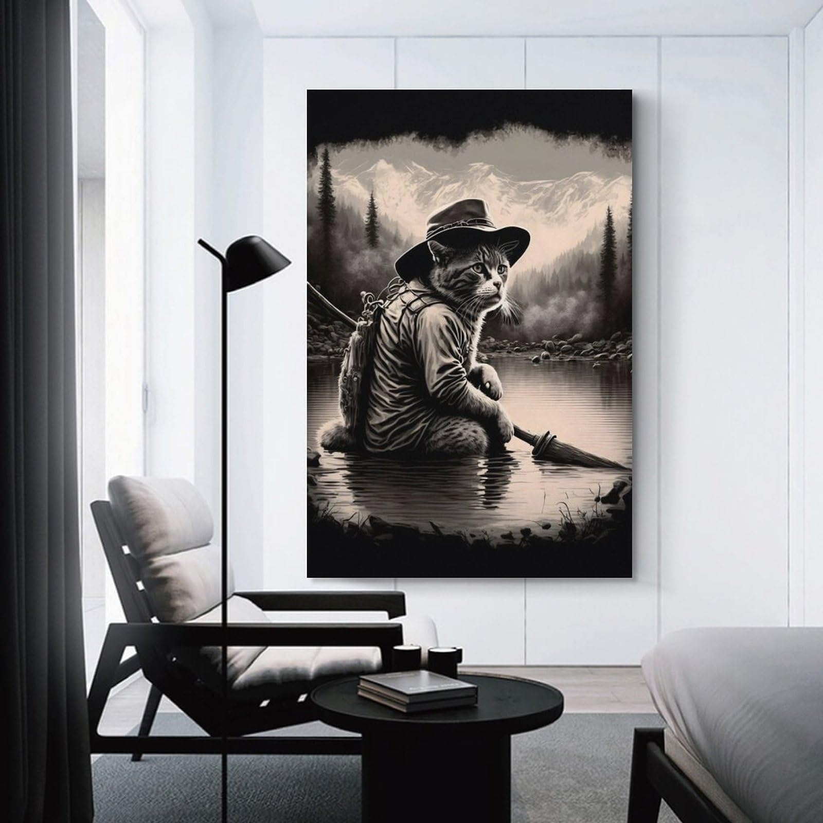 Junmoney Cat in A Lake Fishing Wall Picture Print 24x36inch(60x90cm), for Entryway, Lounge Links Or Small Walls, Decorative Wall Art for Narrow Spaces