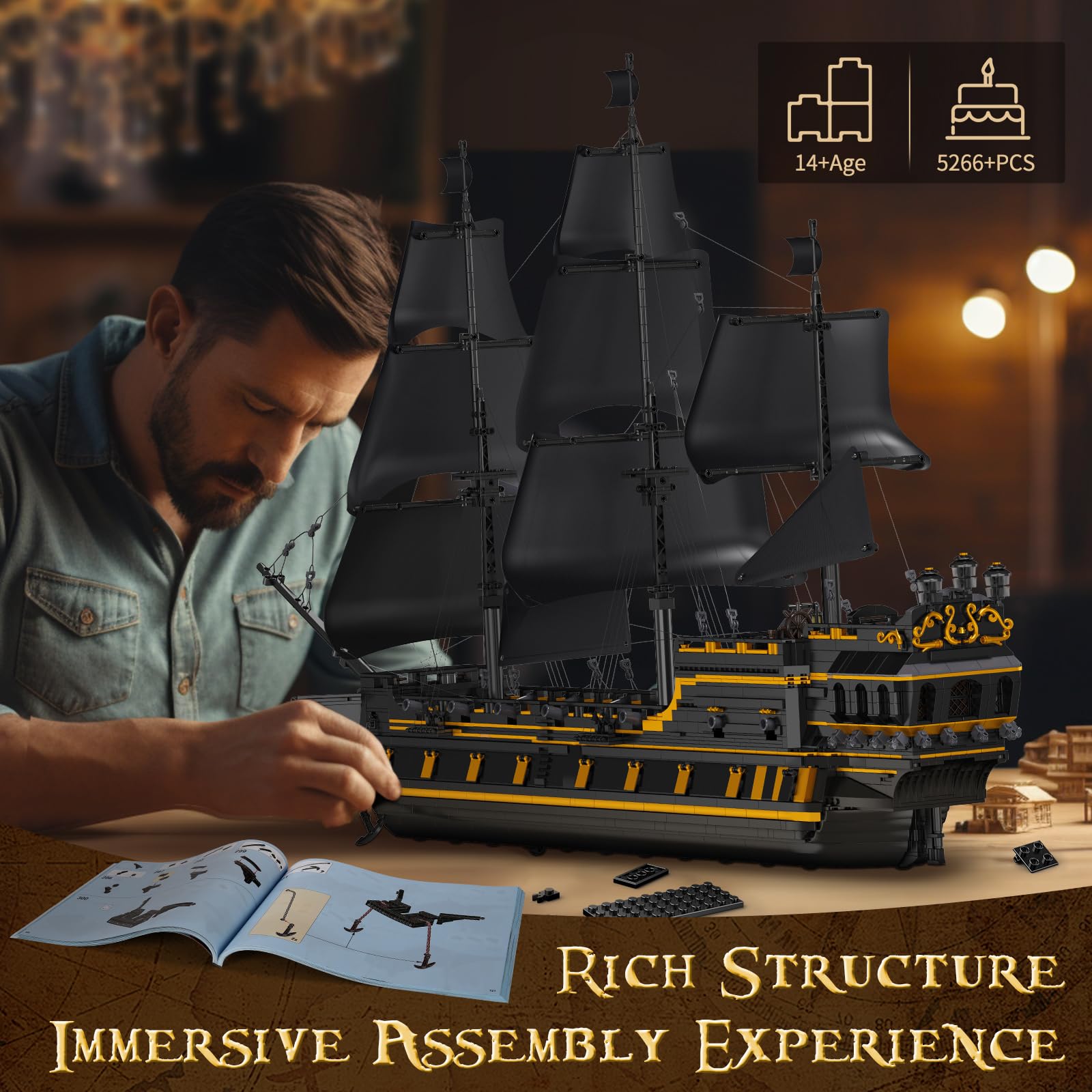 Mould King 13186 Piraten Schiff Modell Klemmbausteine Set, 5266 Stücke MOC Black Pearl Segelboot Modell Bausteine Set zu Bauen, Boot Kits Montage Spielzeug für großes Geschenk und Sammlungen