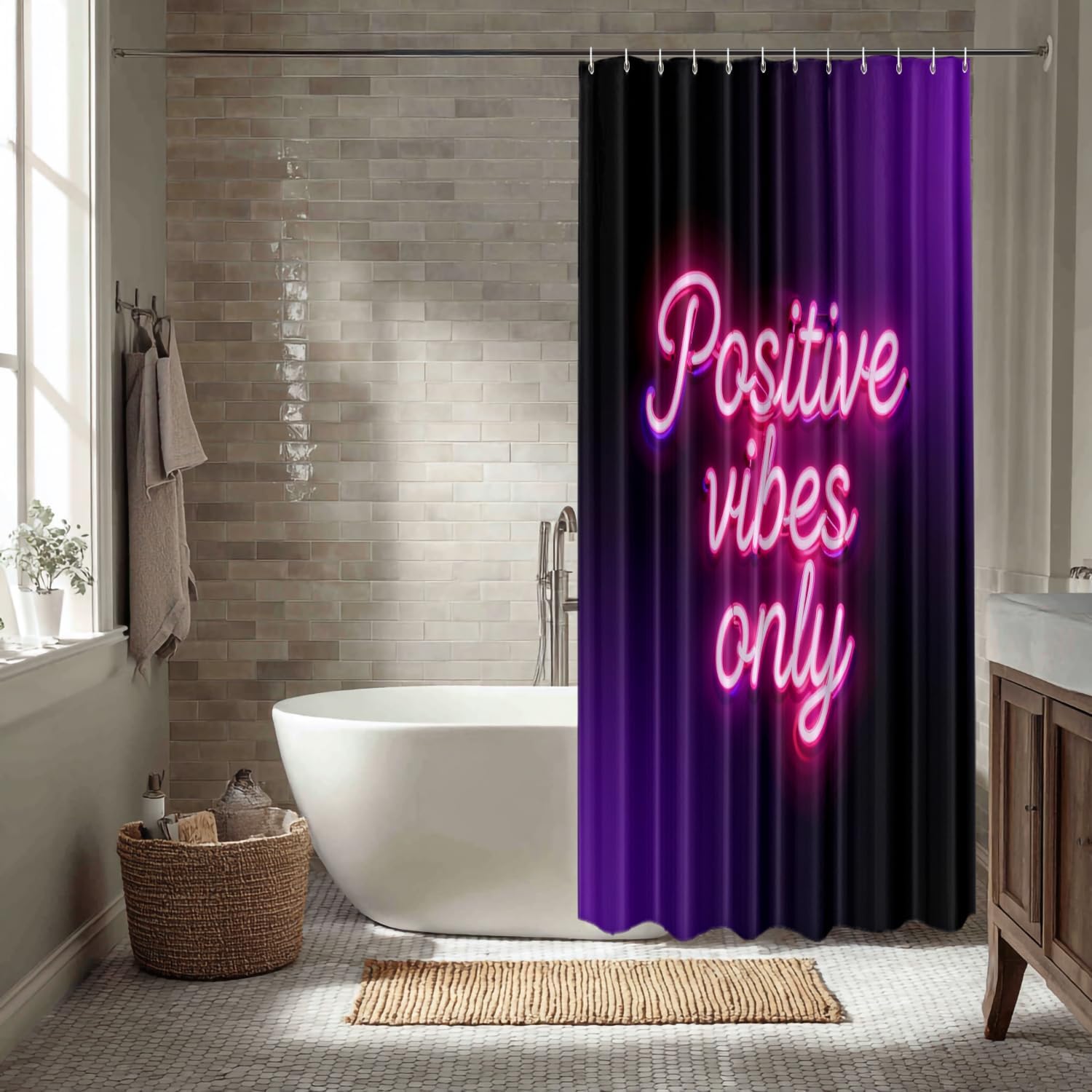 Good Vibes Only Decor Shower Curtain Set,Blacklight Positive Neon Lettering Dark Polyester Shower Curtain for Shower Stall Bathroom Waterproof with 12 Hooks 72x72 Inch