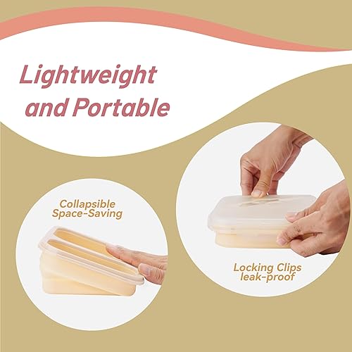 Miniatura 5 de Recipientes de almuerzo plegables con tapa naranja con 2 compartimentos  lonchera con utensilios  Bento plegable de silicona para adultos