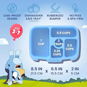 Bentgo + BLUEY Kids Leak-Proof, 5-Compartment Bento-Style Kids Lunch Box | Ideal Portion Sizes for Ages 3-7, Durable, Drop-Proof, Dishwasher Safe, PFAS & BPA-Free Materials (Bluey & Bingo Play Day)
