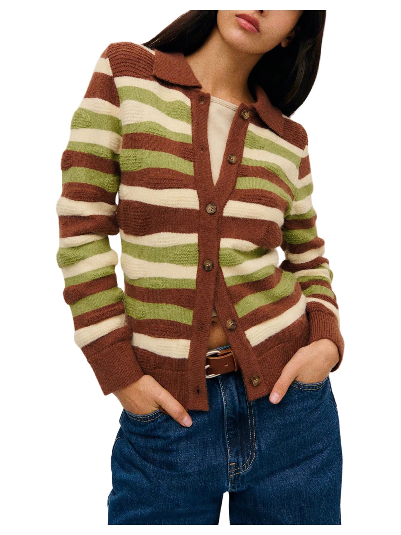MakeMeChic Womens Striped Cardigan Button Up Collared Long Sleeve Knit Sweater