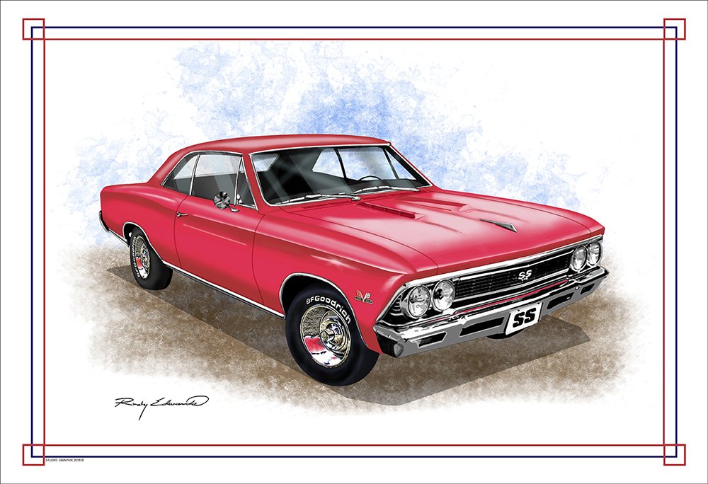 Studio 21 Graphix 1966 Chevrolet Chevelle SS Muscle Car Art Print UNFRAMED by Rudy Edwards 13" X 19" (Red)