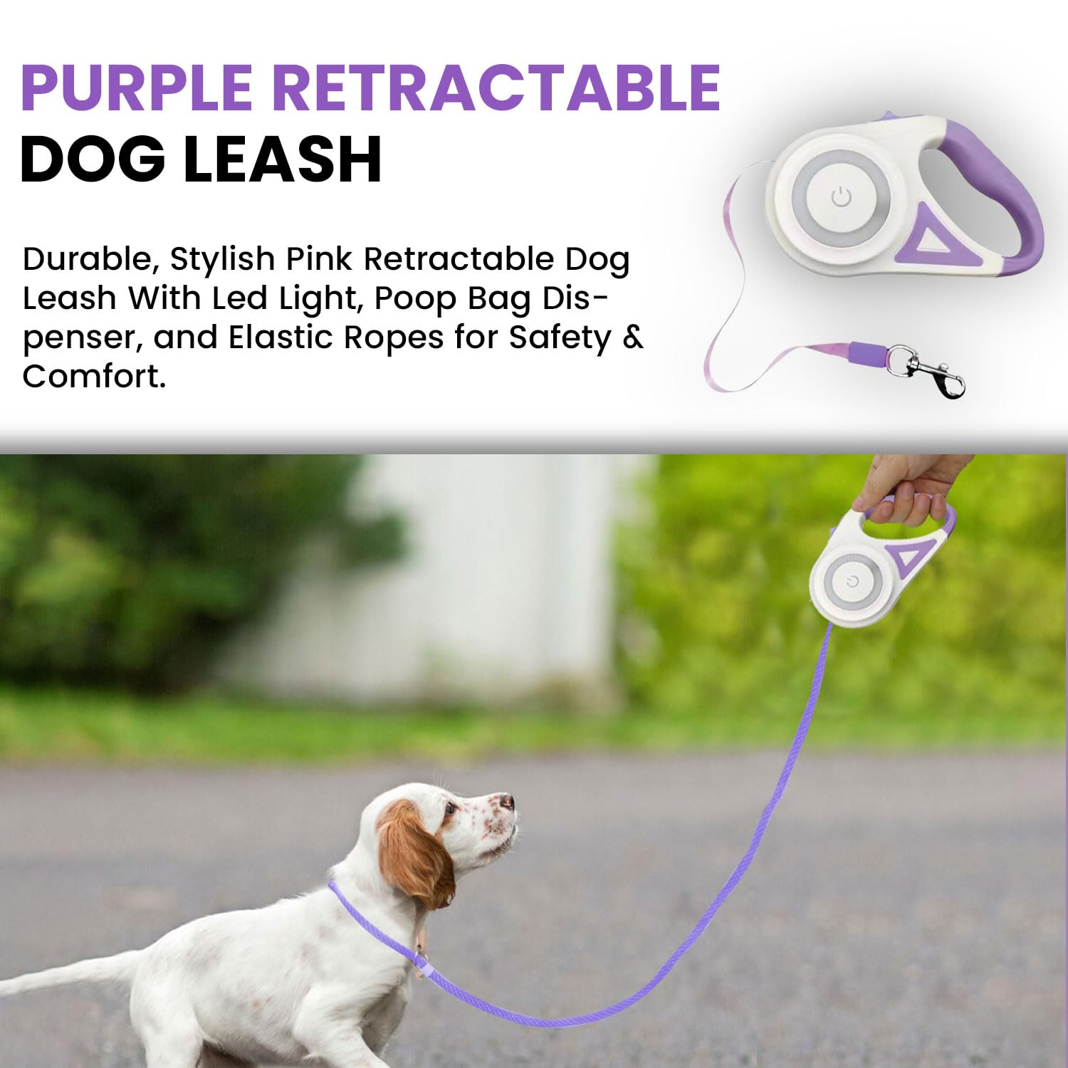 Best Dog Supplies Lot de 4 laisses rétractables violettes pour chien avec lumière, distributeur de sacs à déjections, support de sac à déjections canines, 2 cordes élastiques