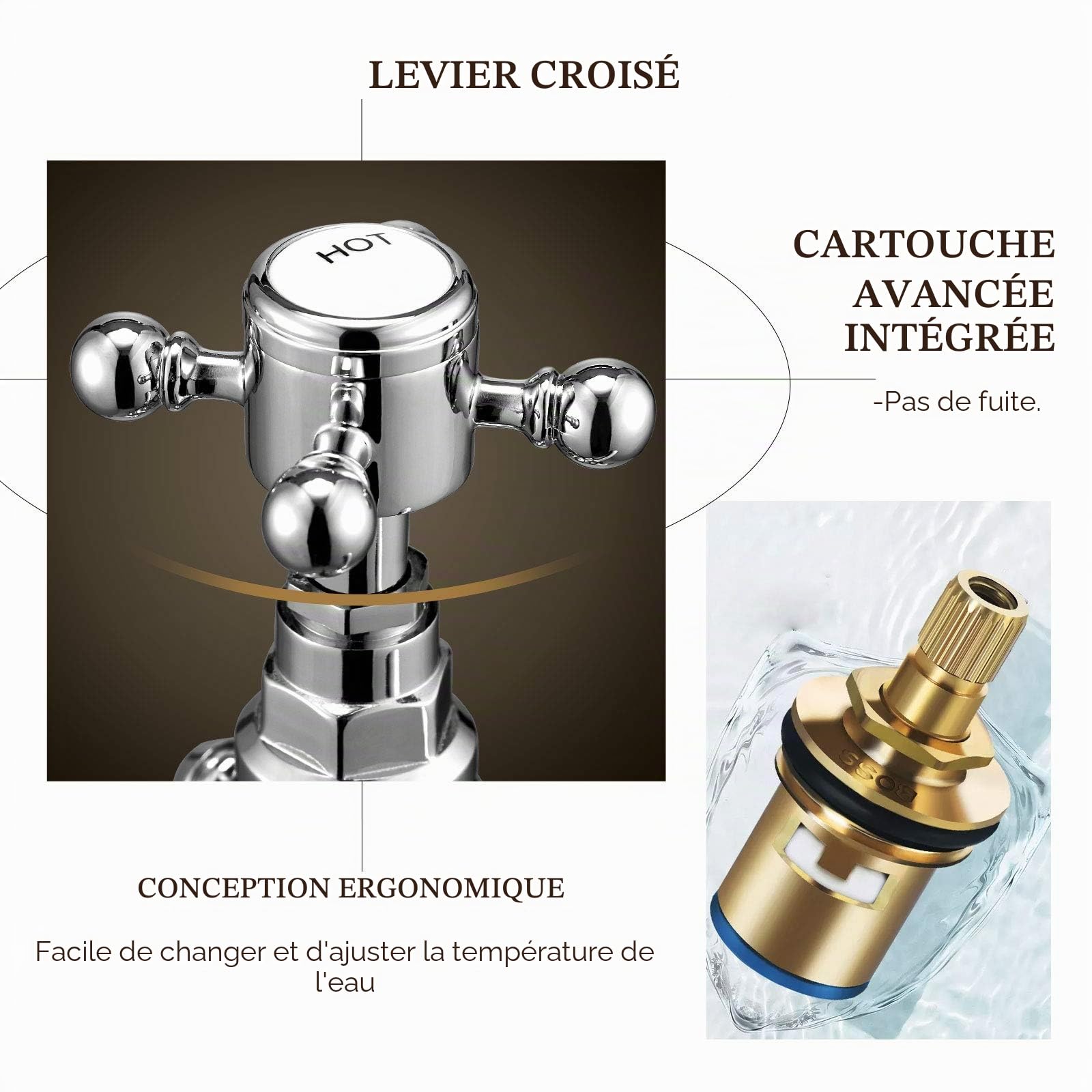 Wasserrhythm Paire de robinets de lavabo cascade Victoria Traditionnels Robinets d'évier de salle de bain en paire classique à levier croisé en laiton chromé
