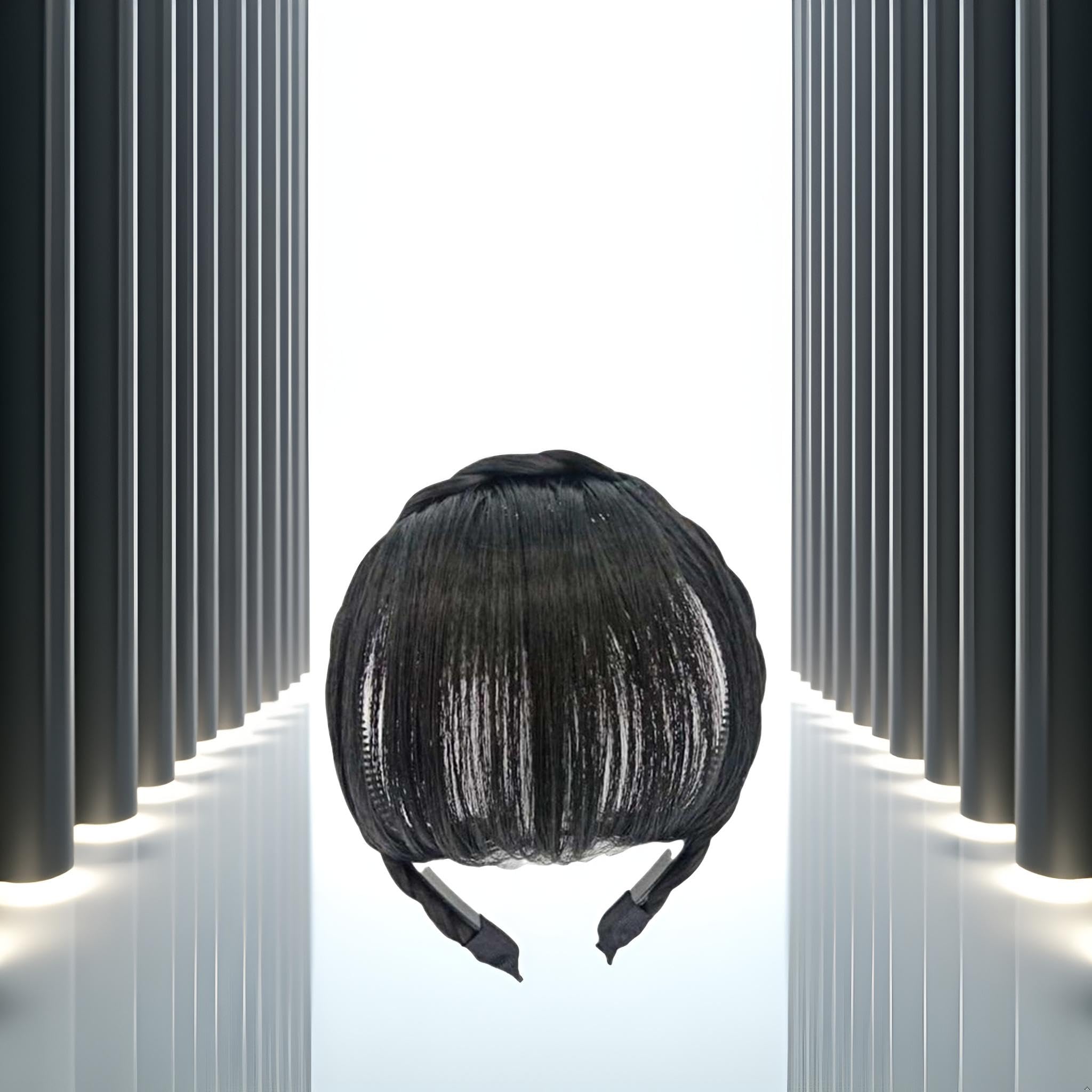 Extensiones de cabello humano 100% negro, con clip, color negro medio, fleco con flequillo, con red agradable, flequillo plano natural y ordenado con sienes para mujer, postizo de una pieza 3
