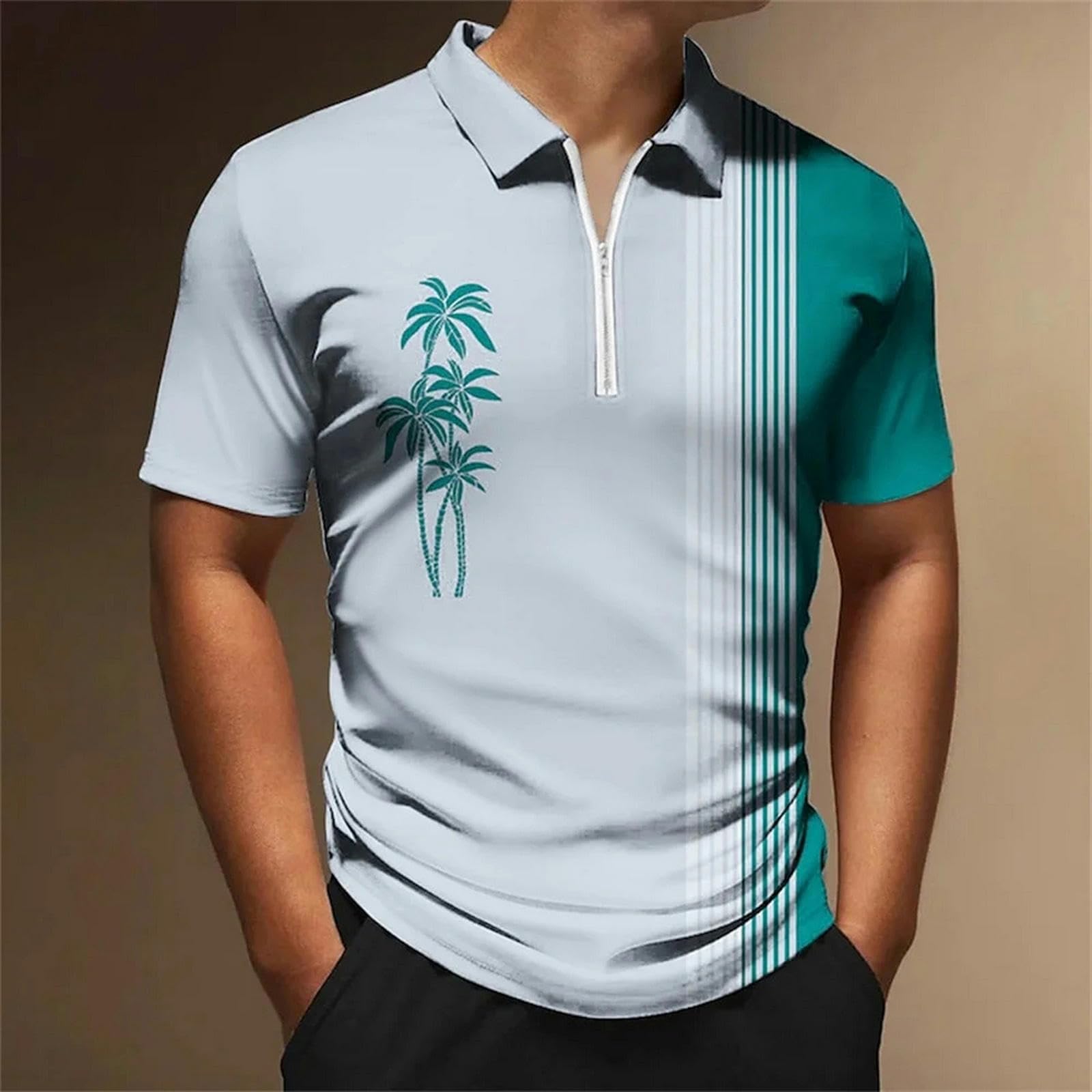 t-Shirt A Righe Uomo Estate Casual Uomo Manica Corta Top Semplice Zip-zh12099-3xl